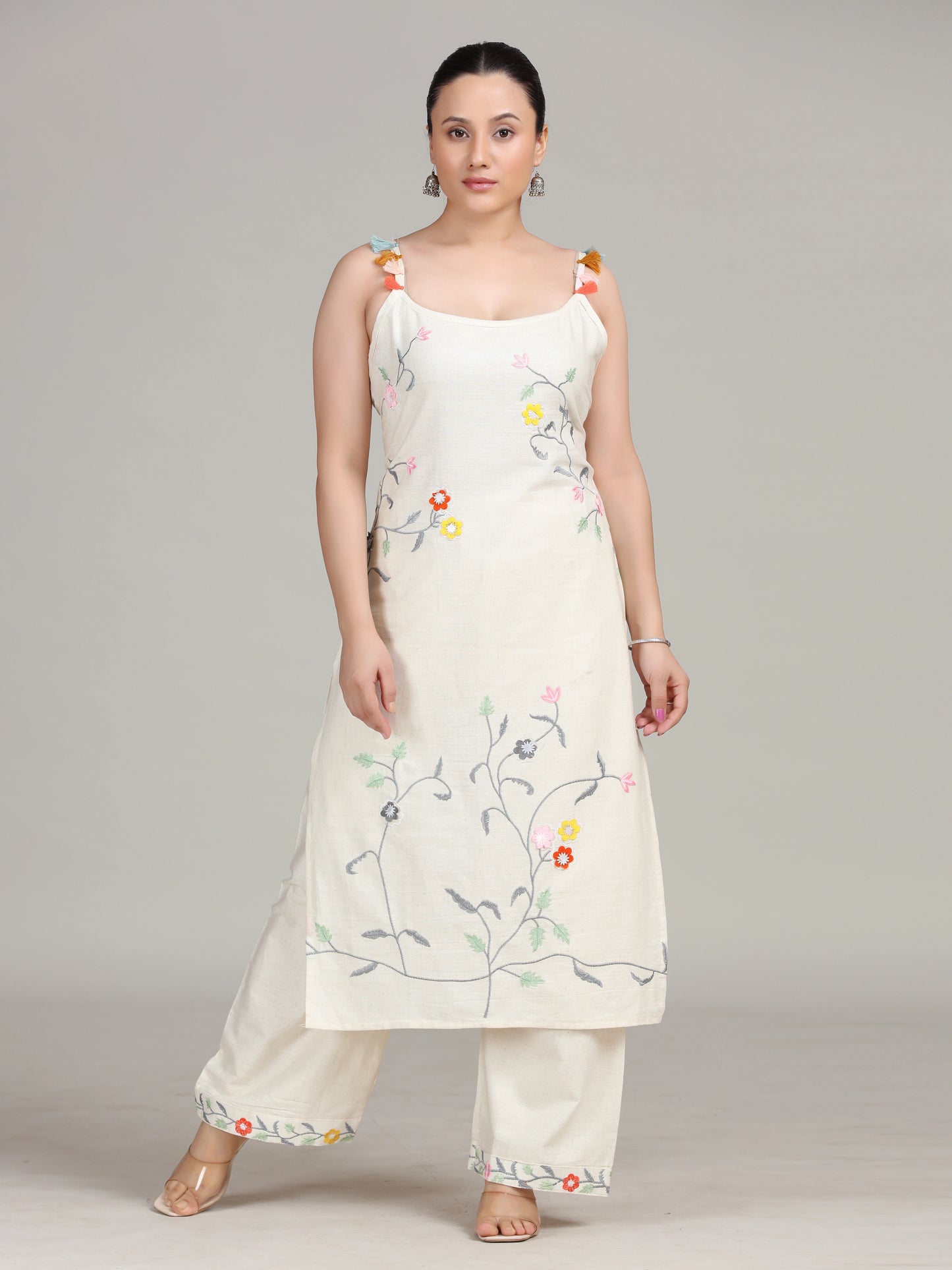 Off White Embroidered Cotton Co-Ord Set