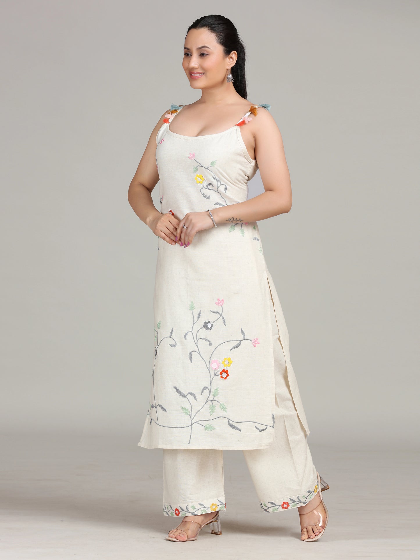 Off White Embroidered Cotton Co-Ord Set