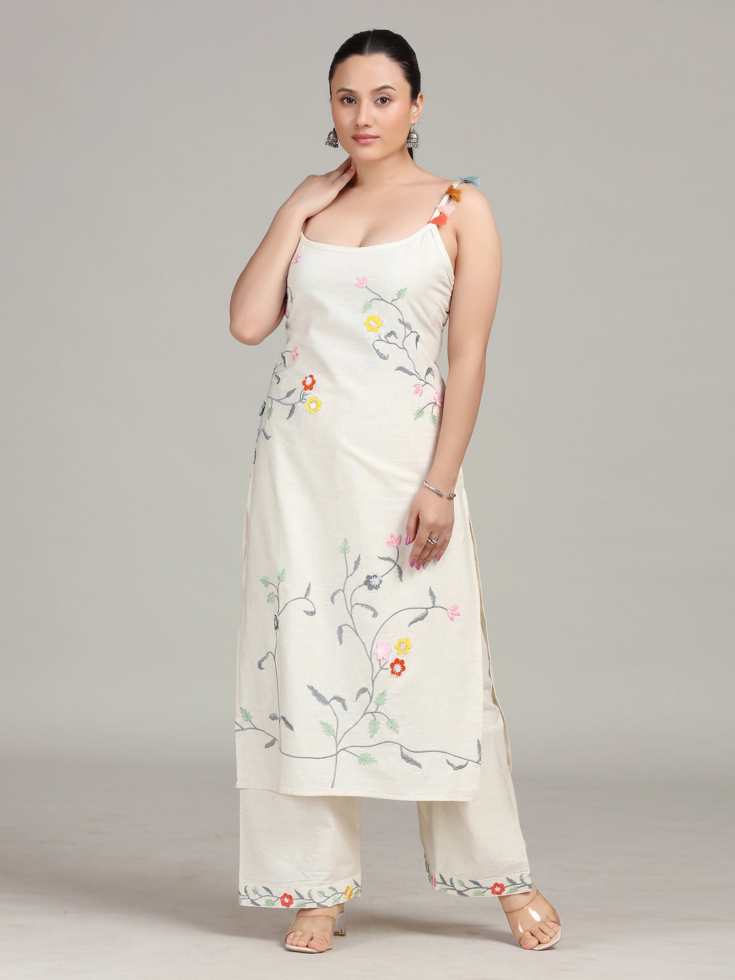 Off White Embroidered Cotton Co-Ord Set