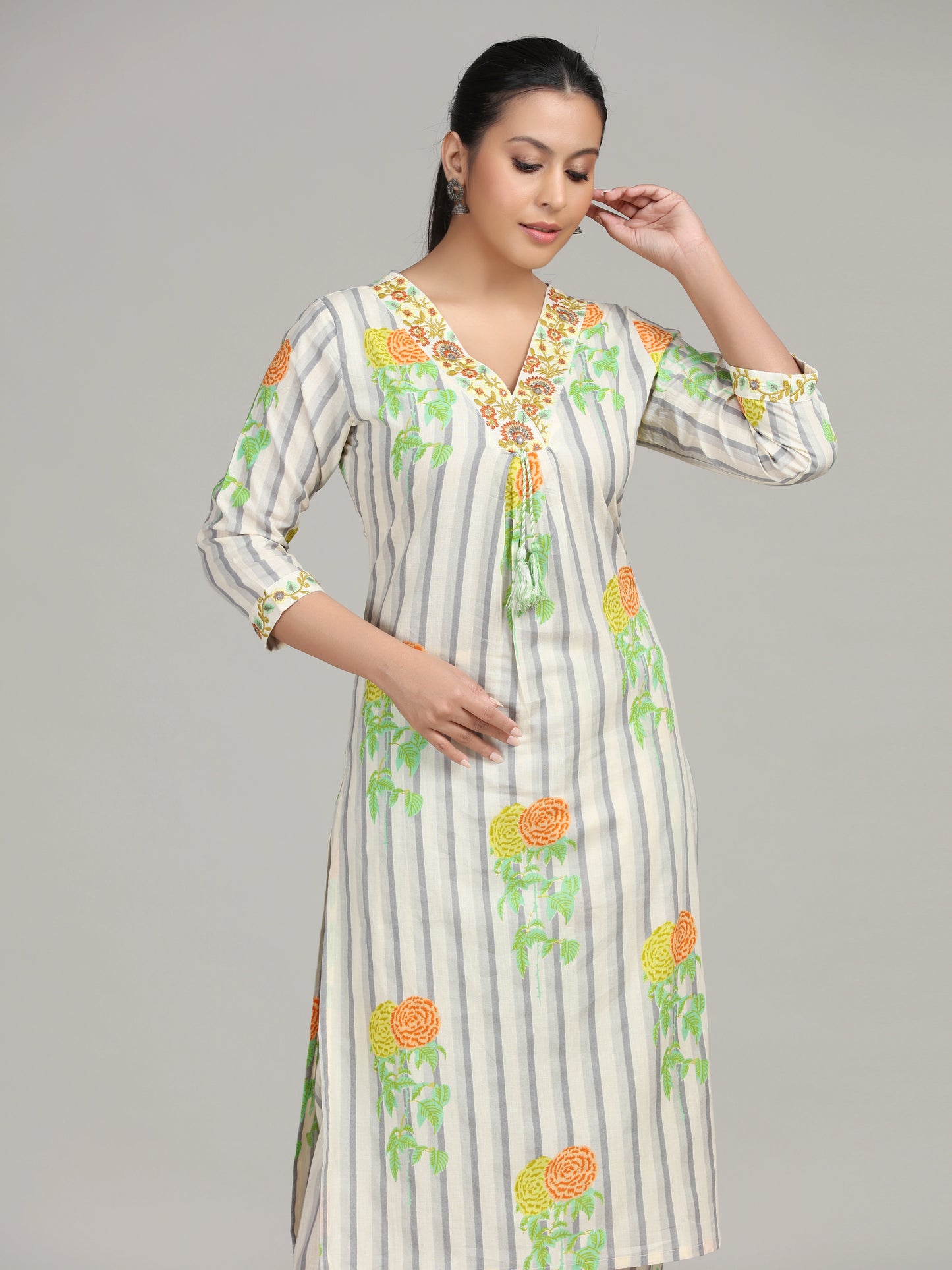 Off White Embroidered Straight Cotton Co-ord Set