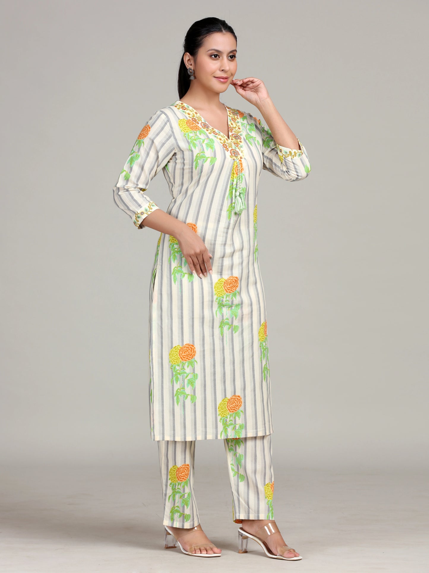 Off White Embroidered Straight Cotton Co-ord Set