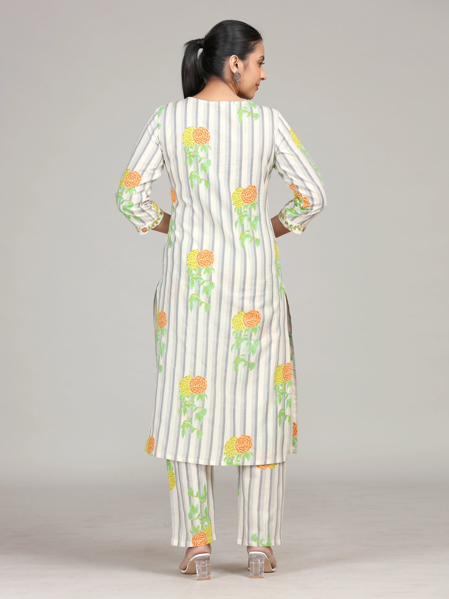 Off White Embroidered Straight Cotton Co-ord Set
