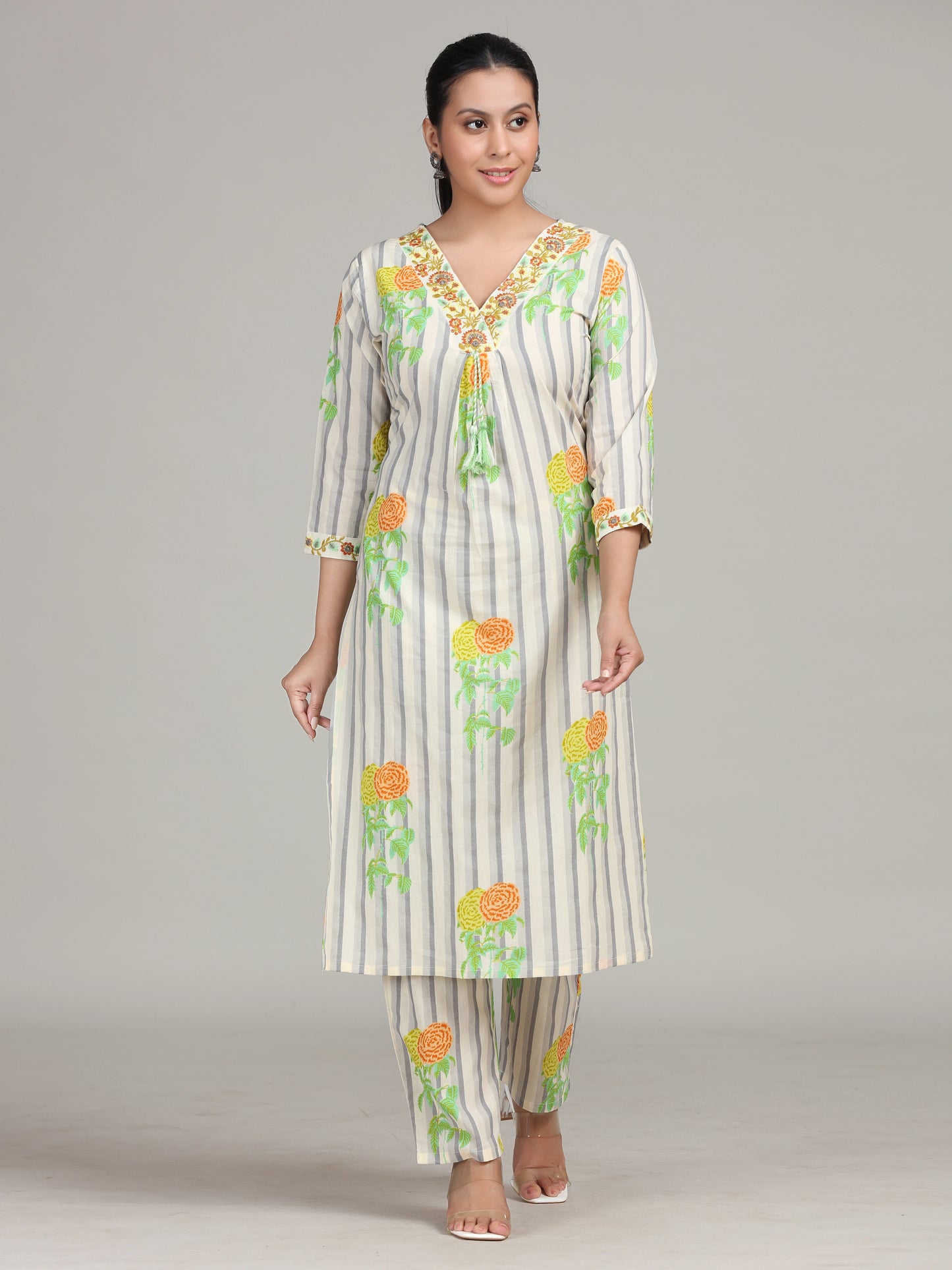 Off White Embroidered Straight Cotton Co-ord Set