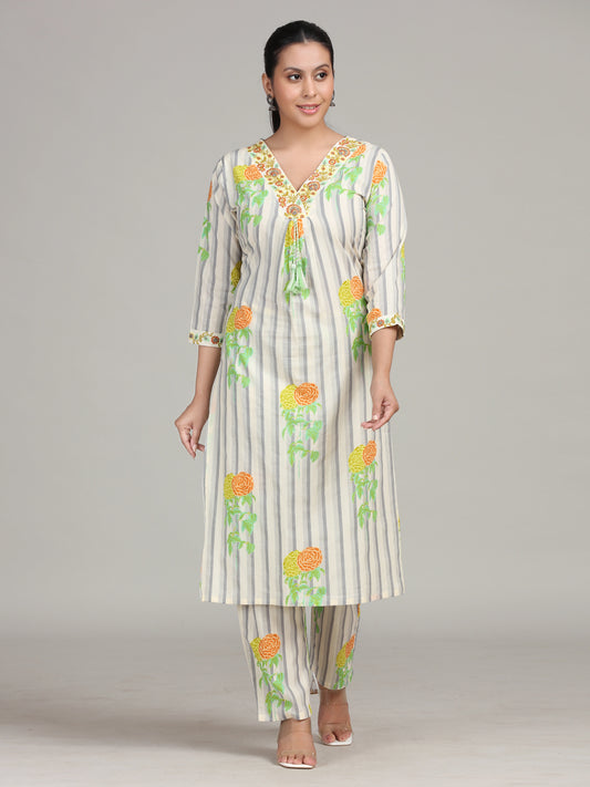 Off White Embroidered Straight Cotton Co-ord Set