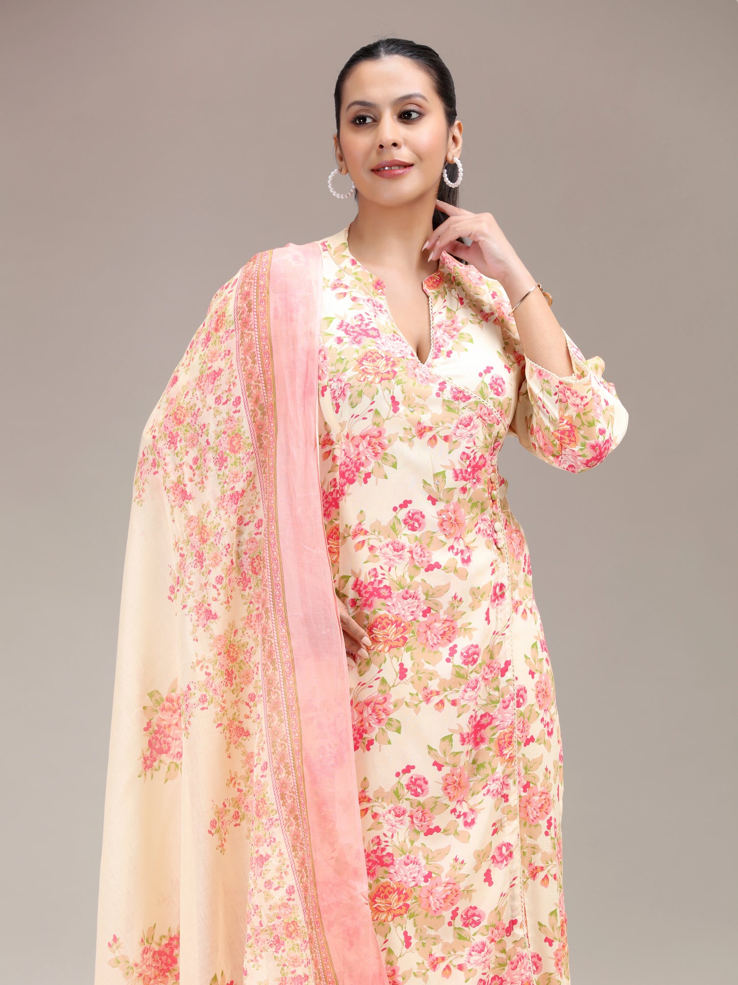 Off White Floral Printed Straight Ethnic Set