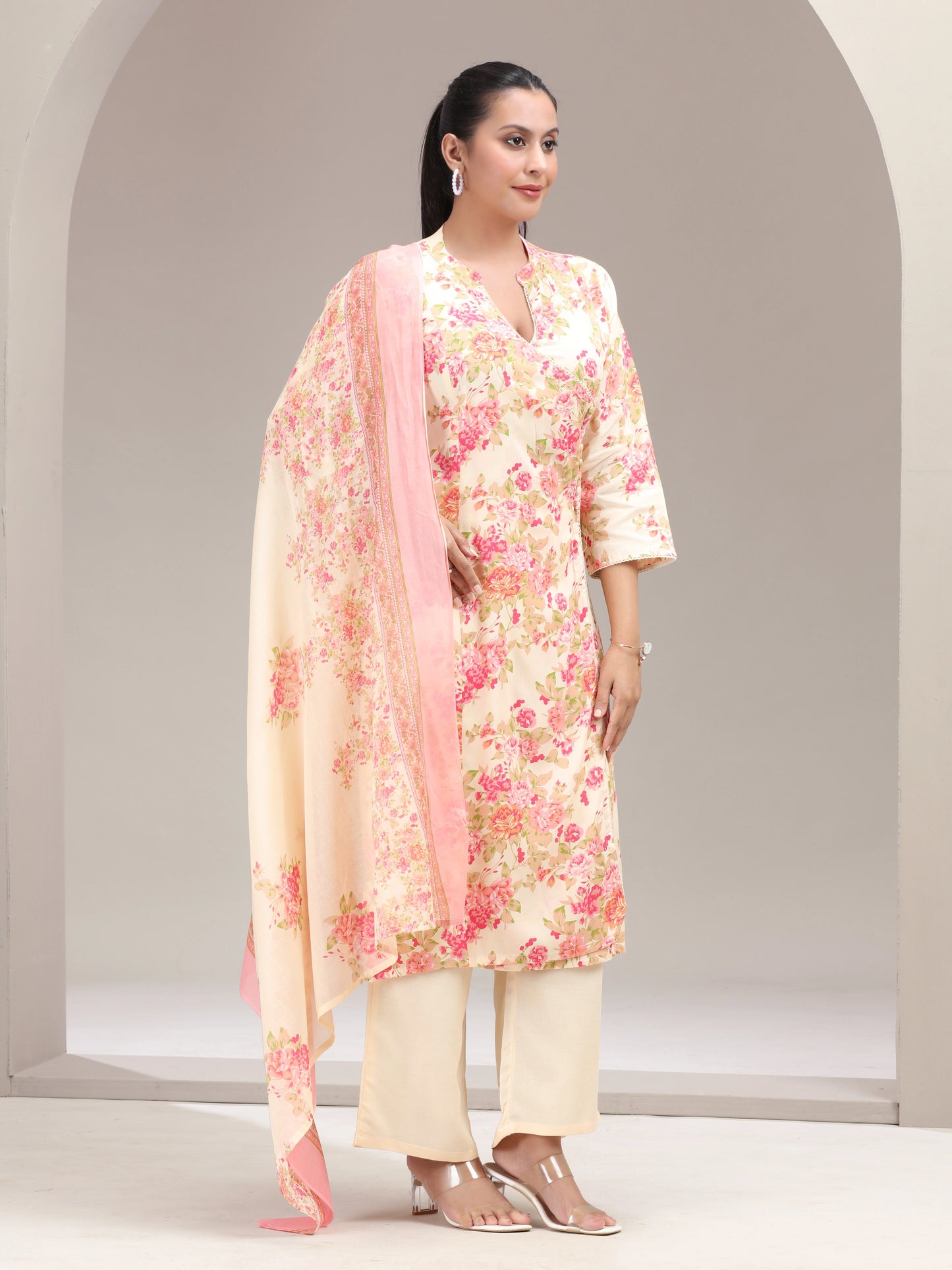 Off White Floral Printed Straight Ethnic Set