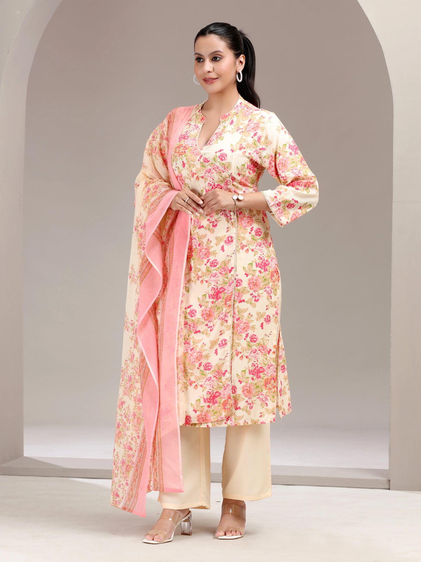 Off White Floral Printed Straight Ethnic Set
