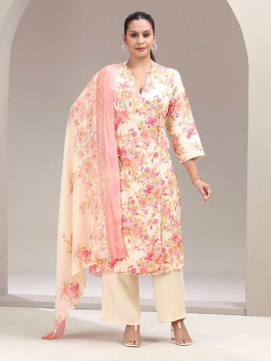 Off White Floral Printed Straight Ethnic Set