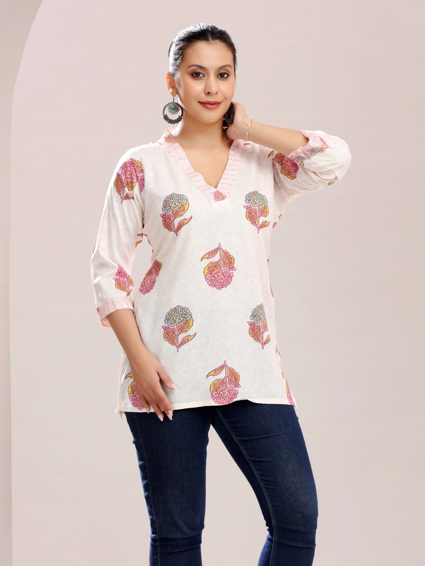 Off White Printed Embroidered Cotton Kurta