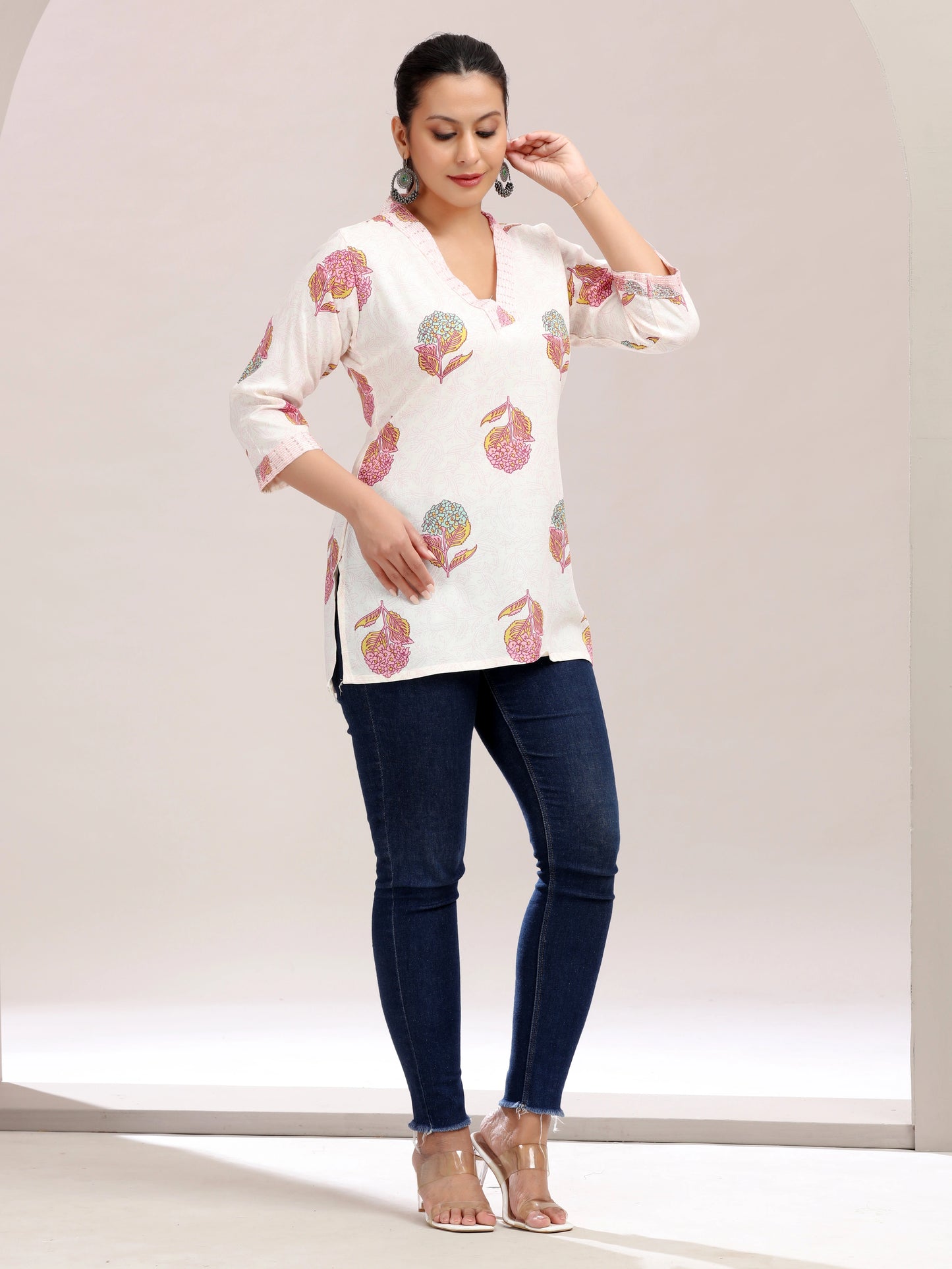 Off White Printed Embroidered Cotton Kurta