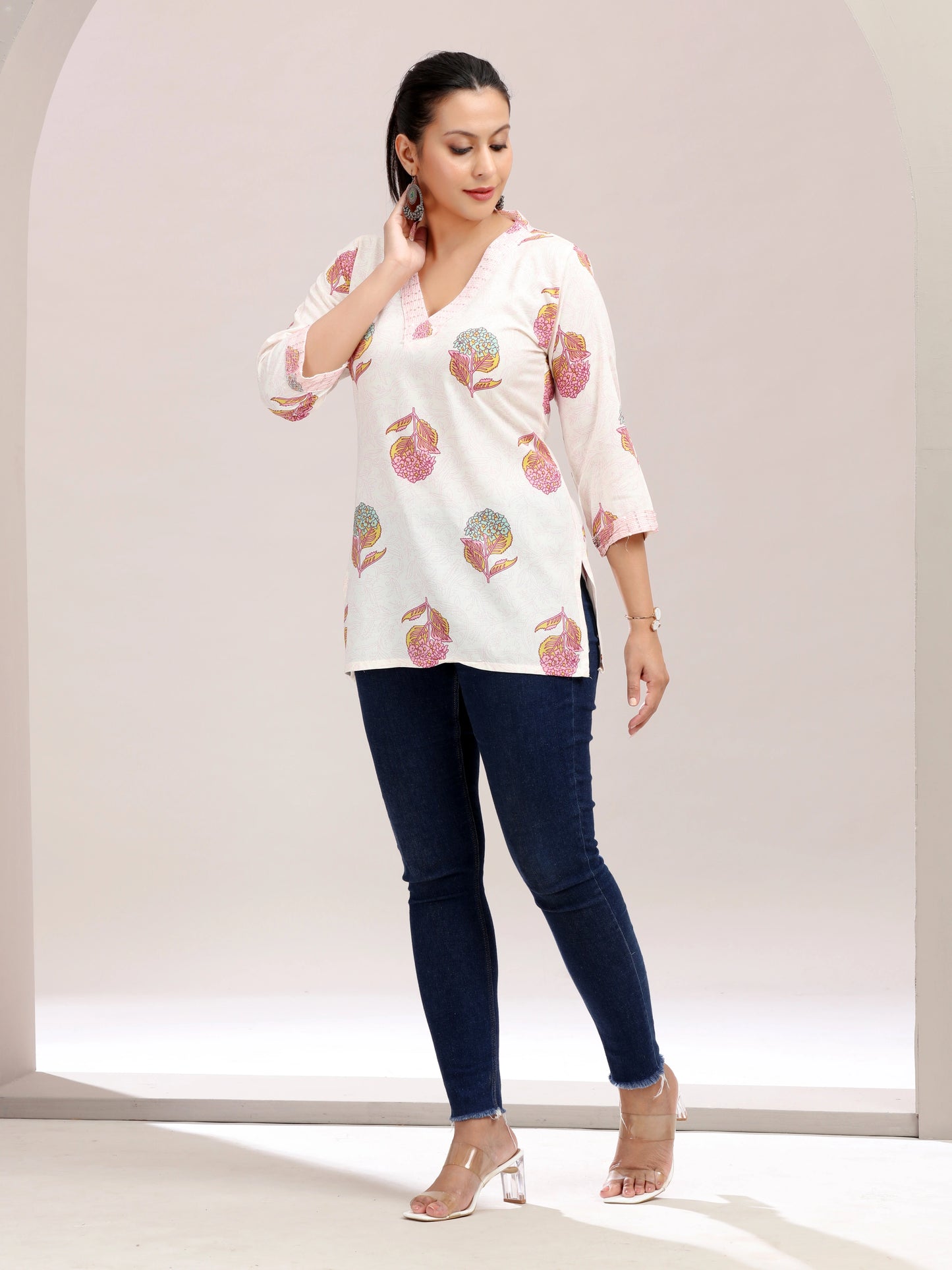 Off White Printed Embroidered Cotton Kurta