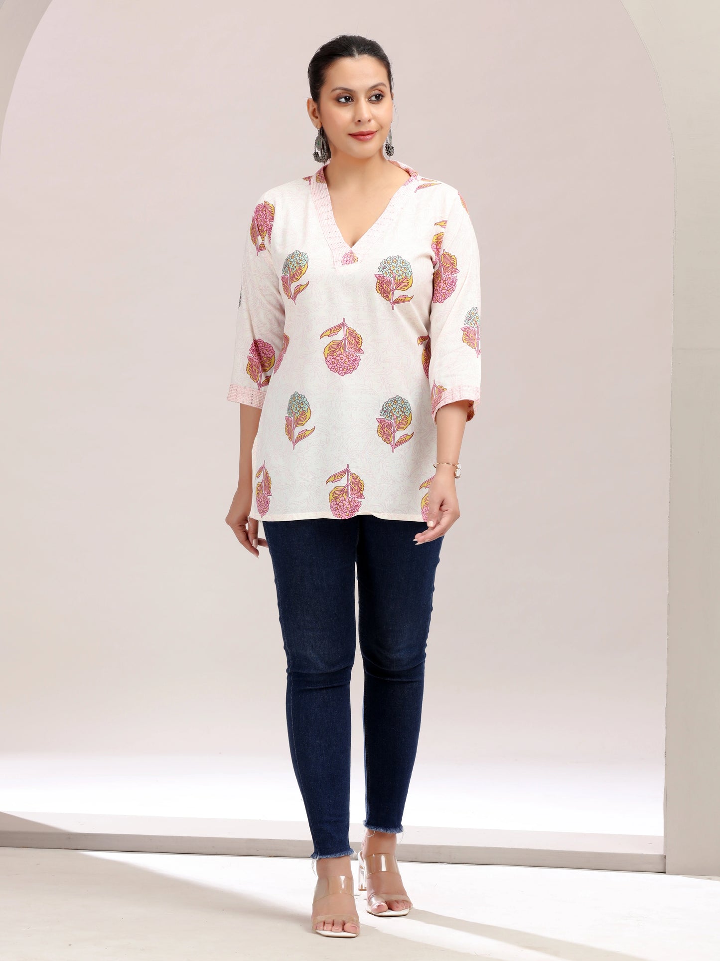 Off White Printed Embroidered Cotton Kurta