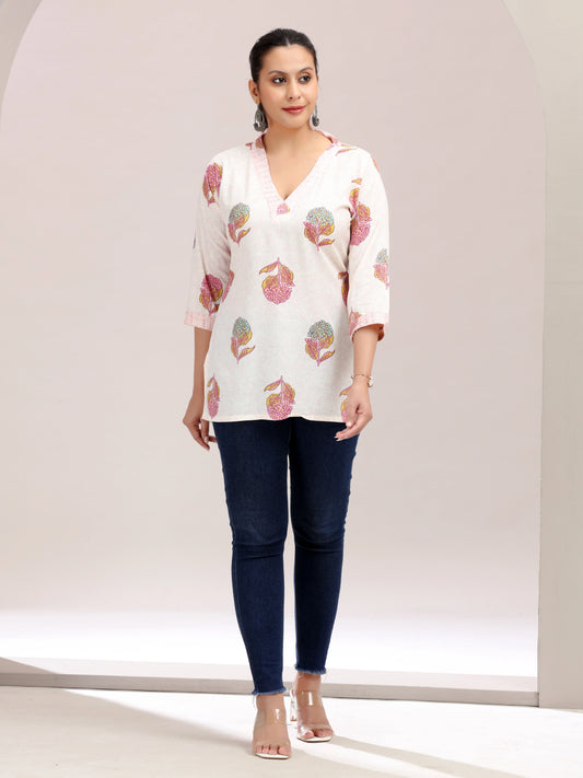 Off White Printed Embroidered Cotton Kurta