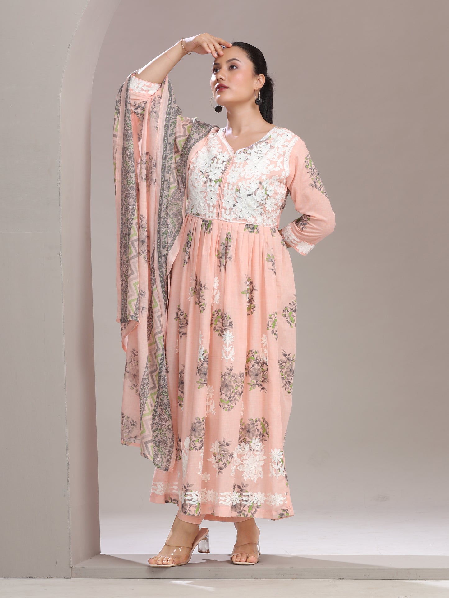 Pink Chikankari Gathered Ethnic Set