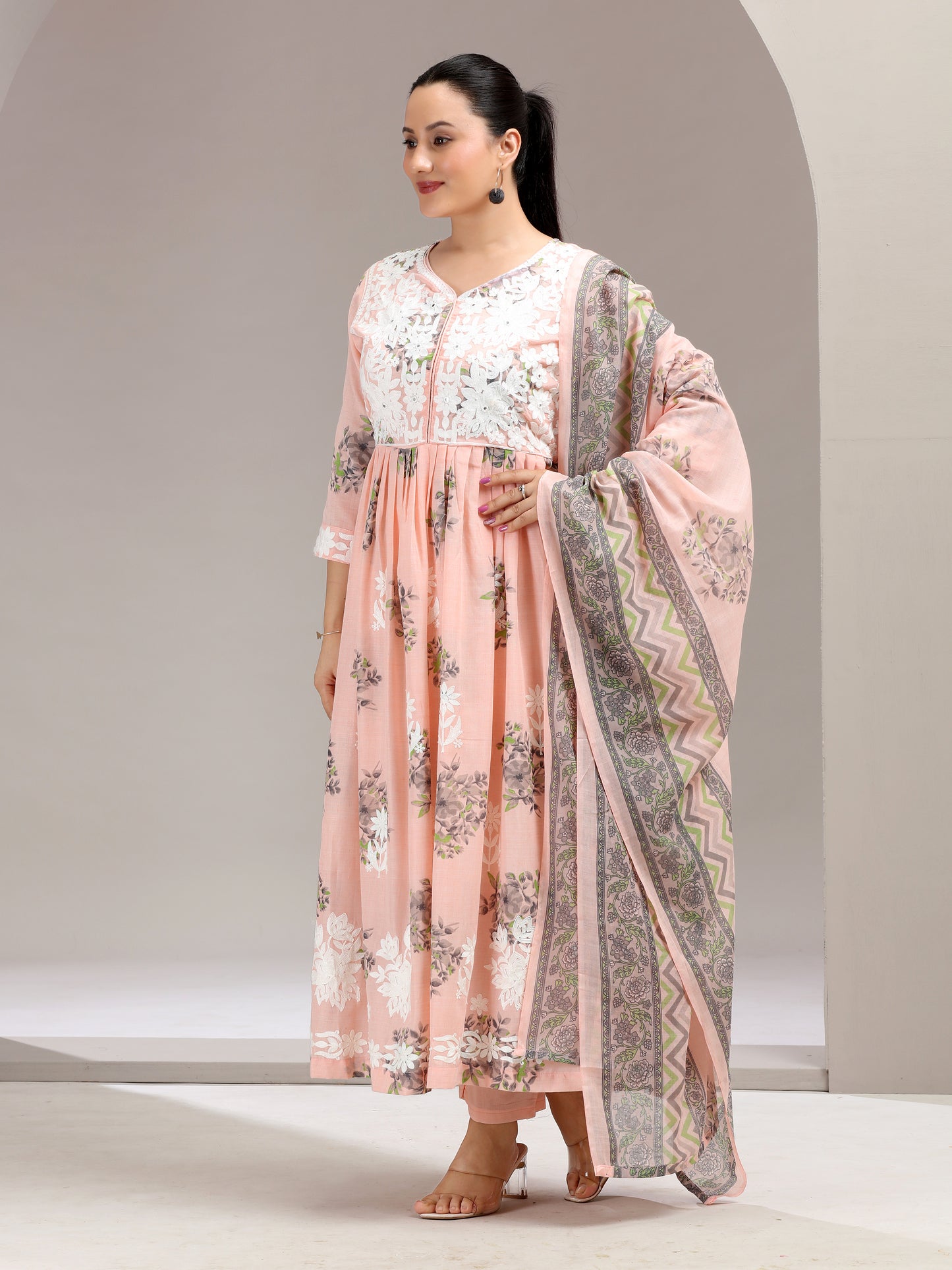 Pink Chikankari Gathered Ethnic Set