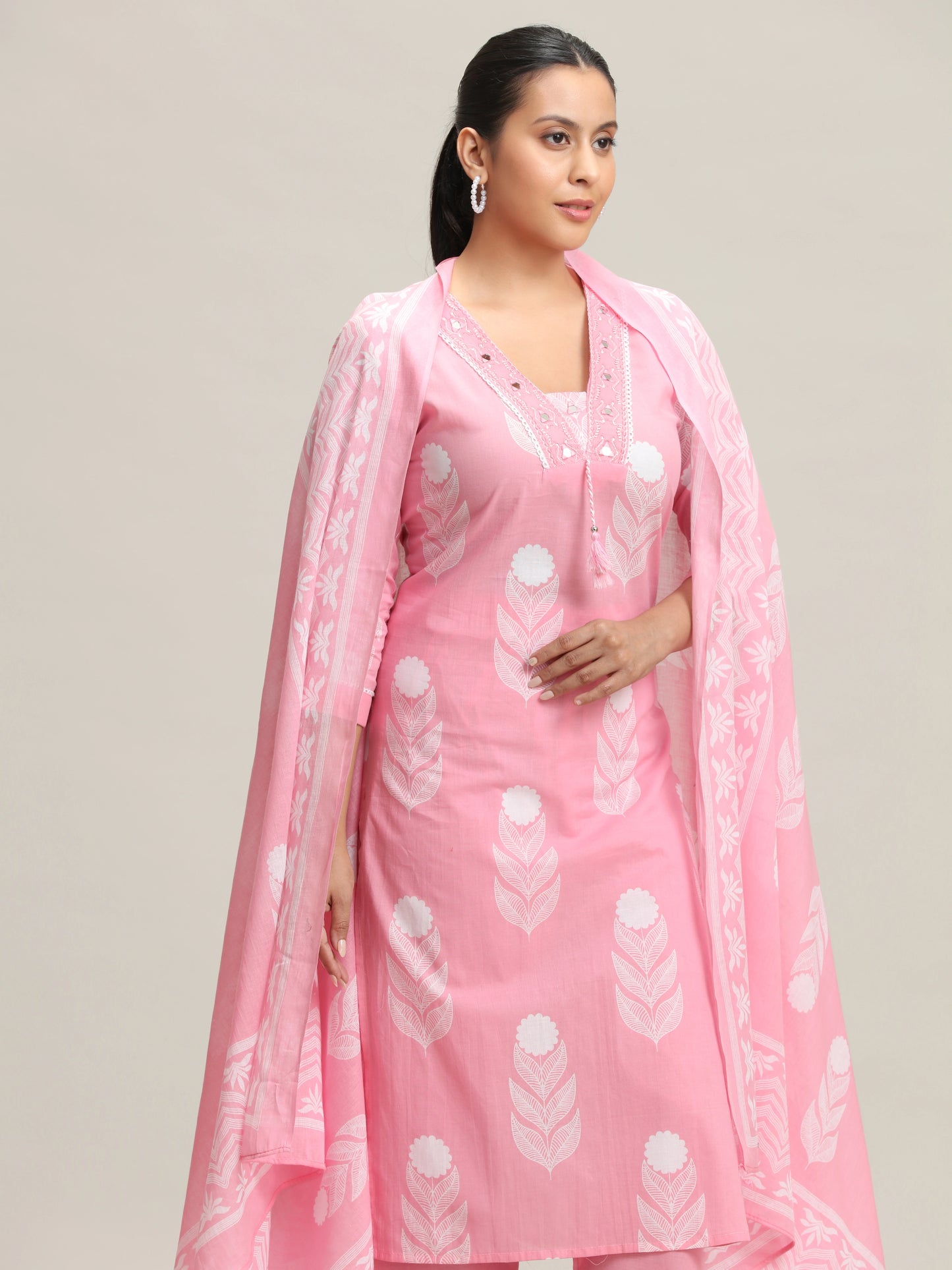 Pink Embroidered Printed Cotton Ethnic Set