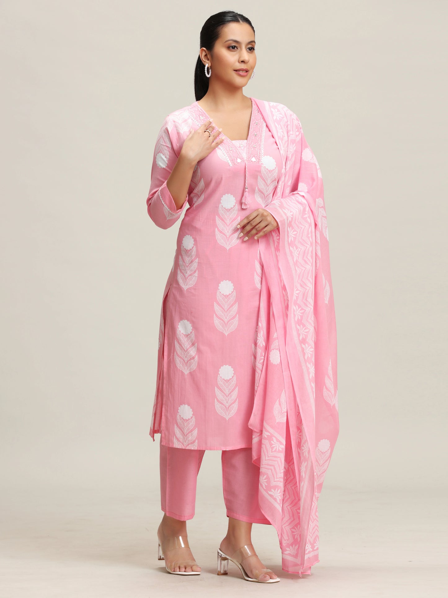 Pink Embroidered Printed Cotton Ethnic Set
