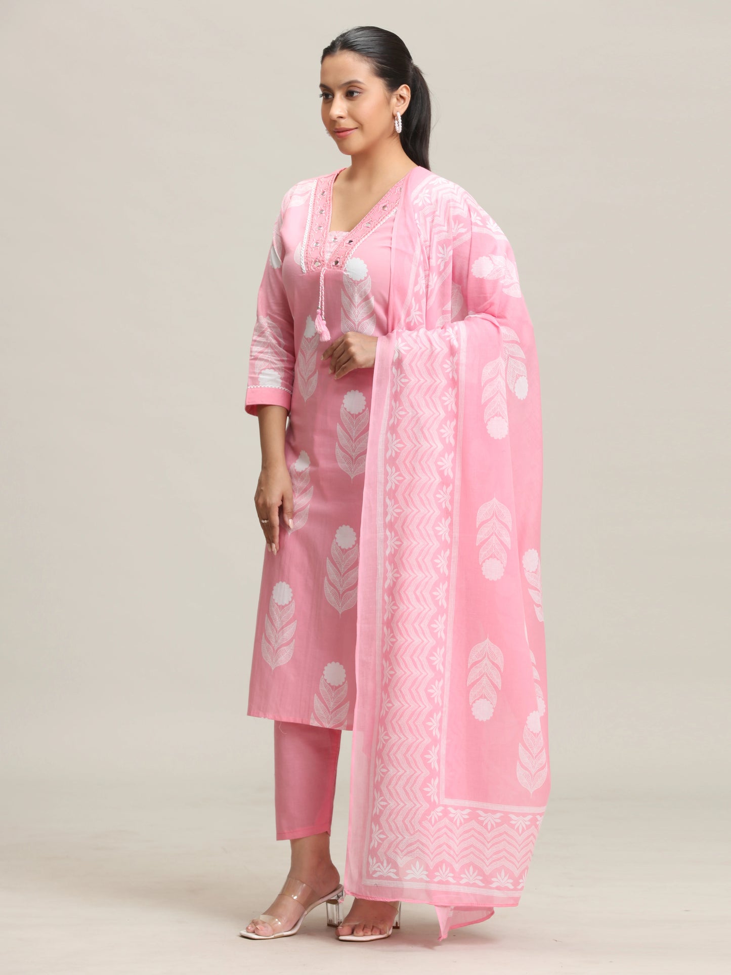 Pink Embroidered Printed Cotton Ethnic Set