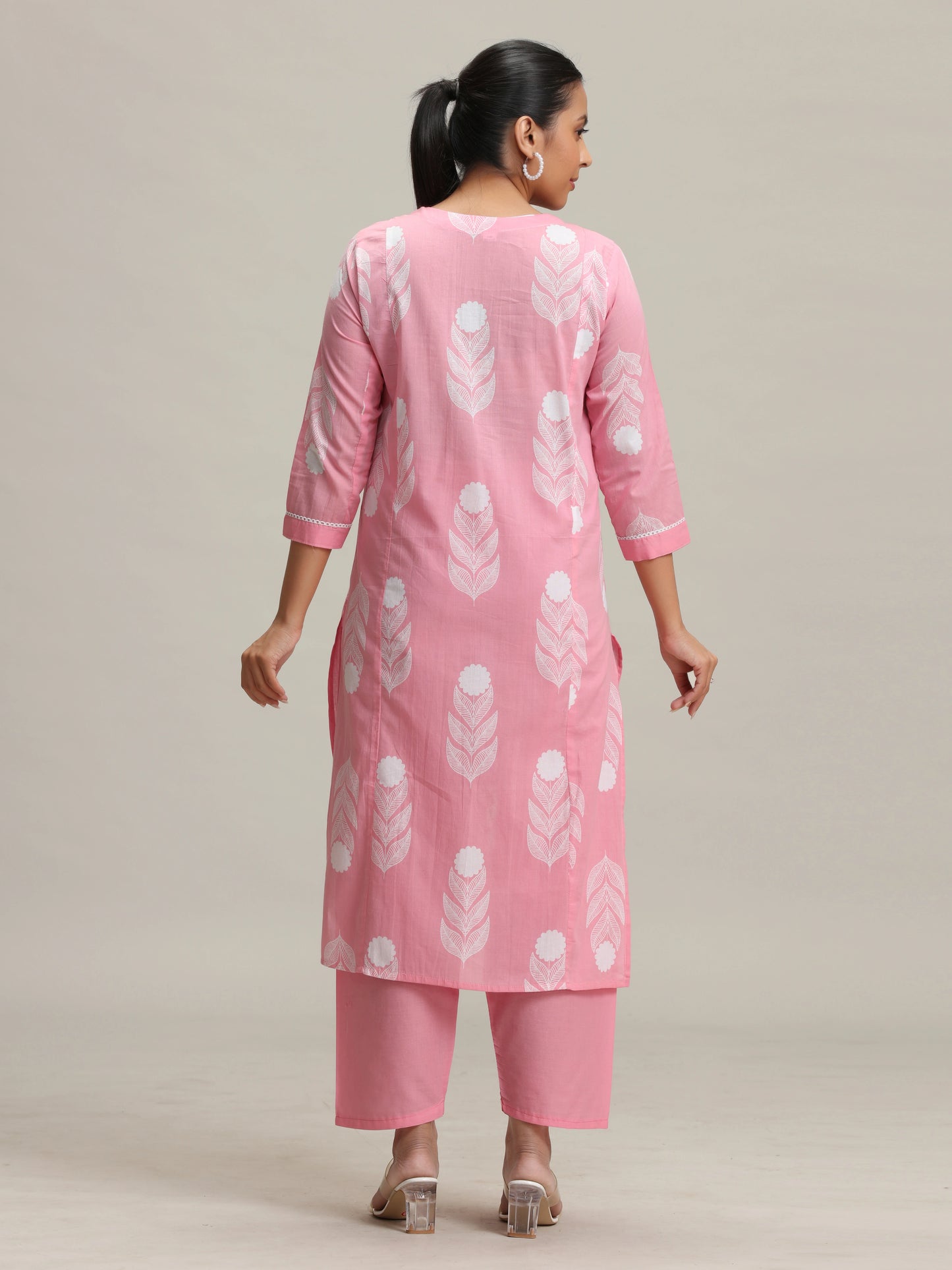 Pink Embroidered Printed Cotton Ethnic Set