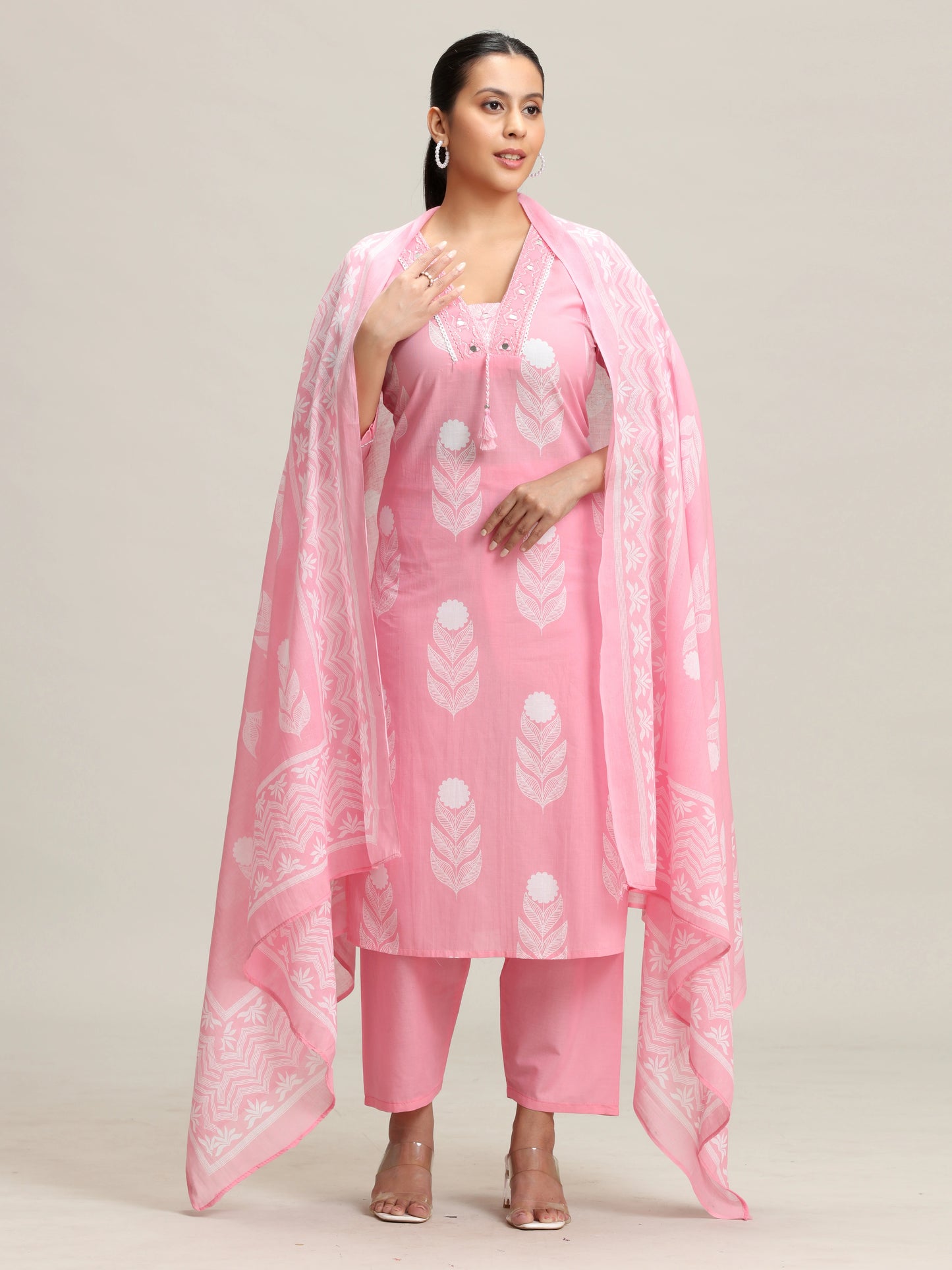 Pink Embroidered Printed Cotton Ethnic Set