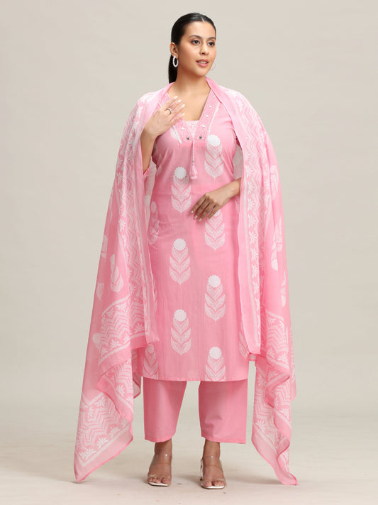 Pink Embroidered Printed Cotton Ethnic Set