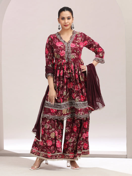 Purple Embroidered Fit & Flared Ethnic Set
