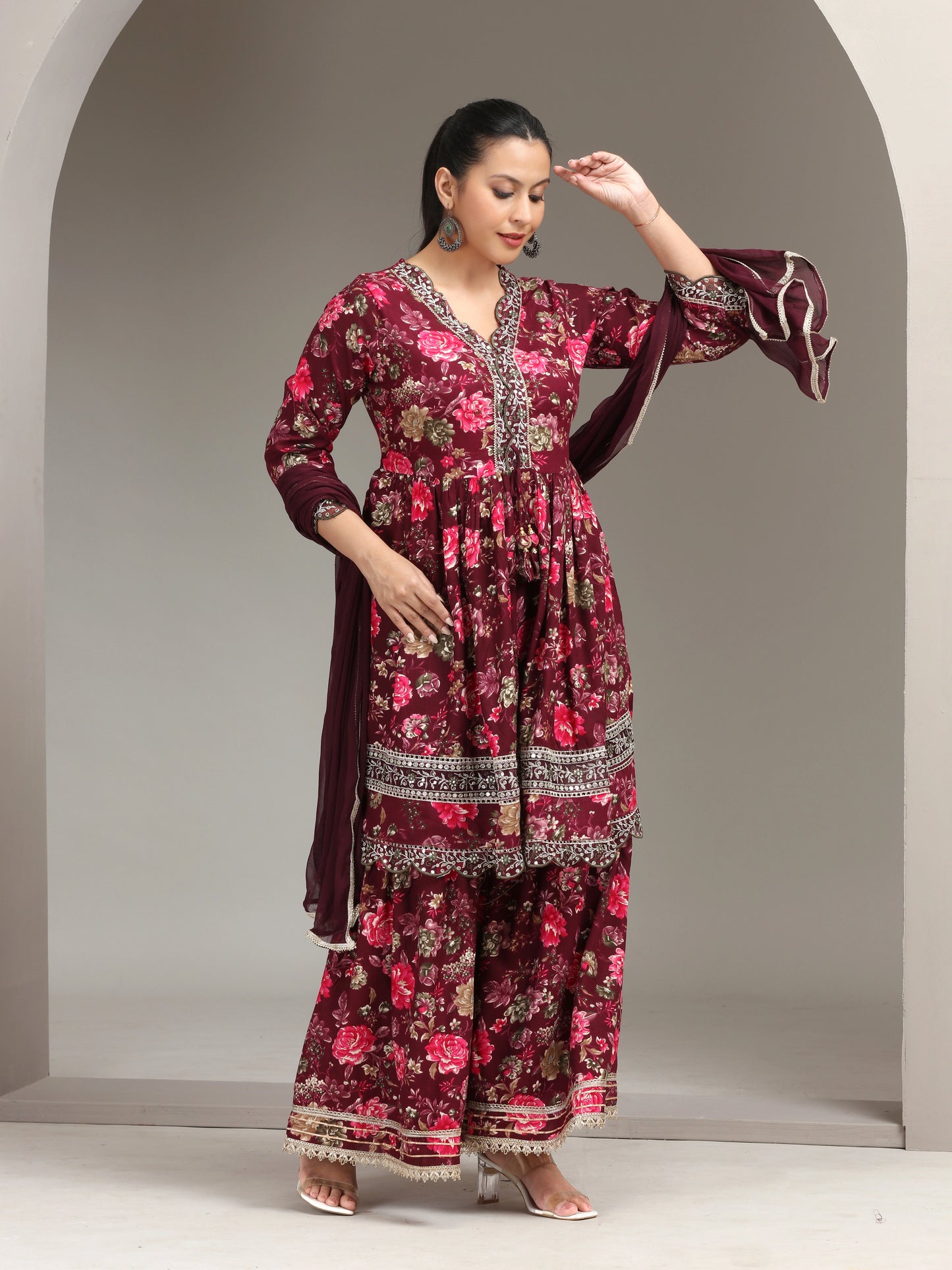 Purple Embroidered Fit & Flared Ethnic Set