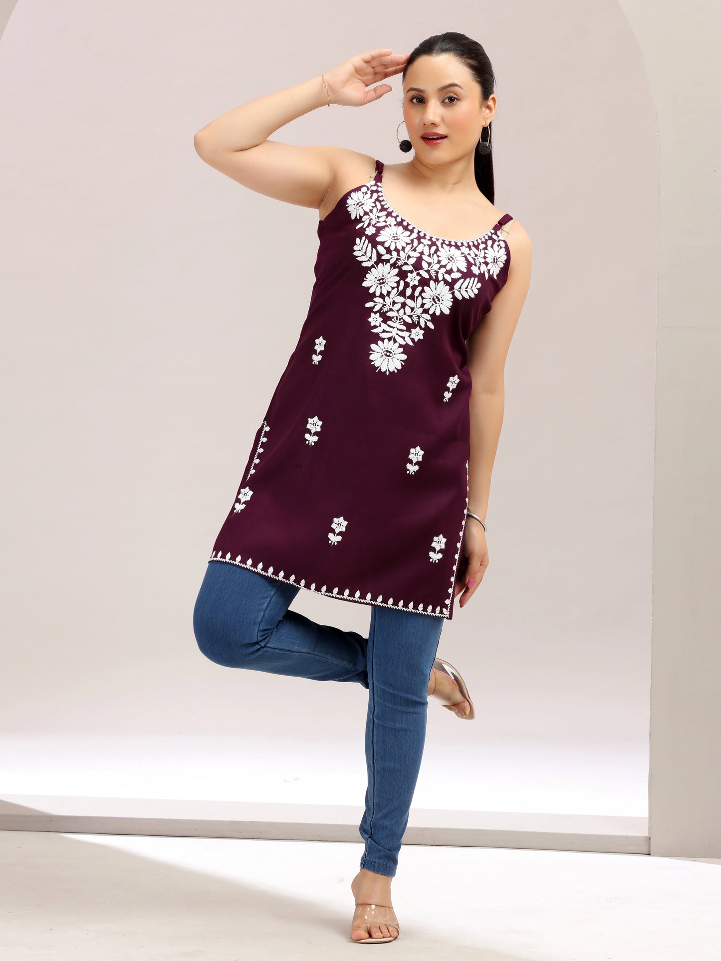 Purple Embroidered Straight Cotton Kurta