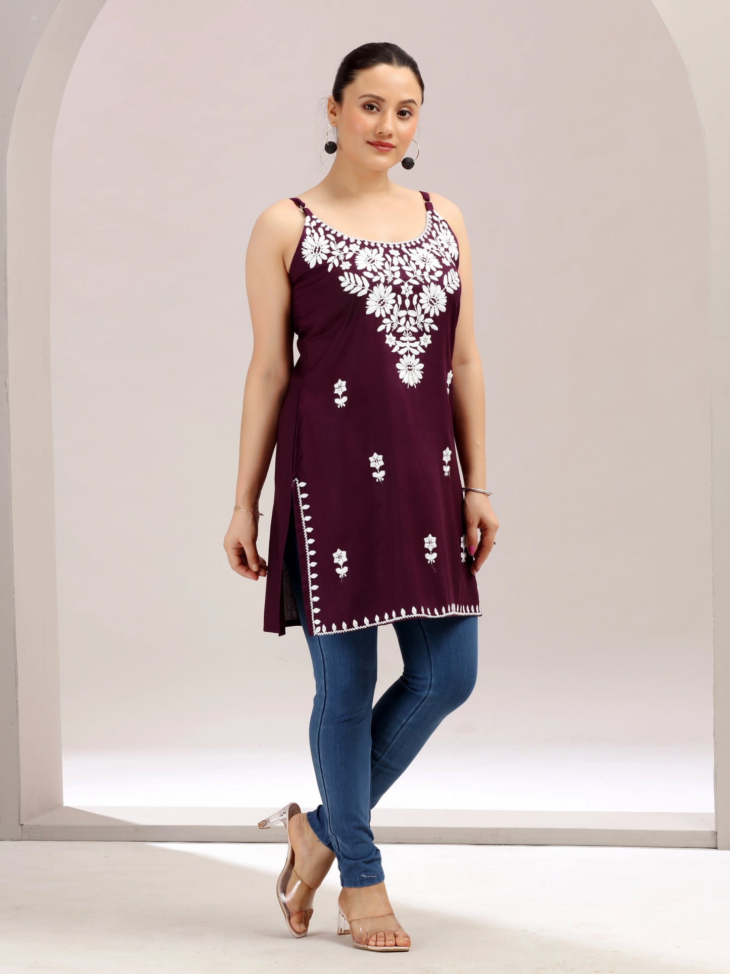 Purple Embroidered Straight Cotton Kurta