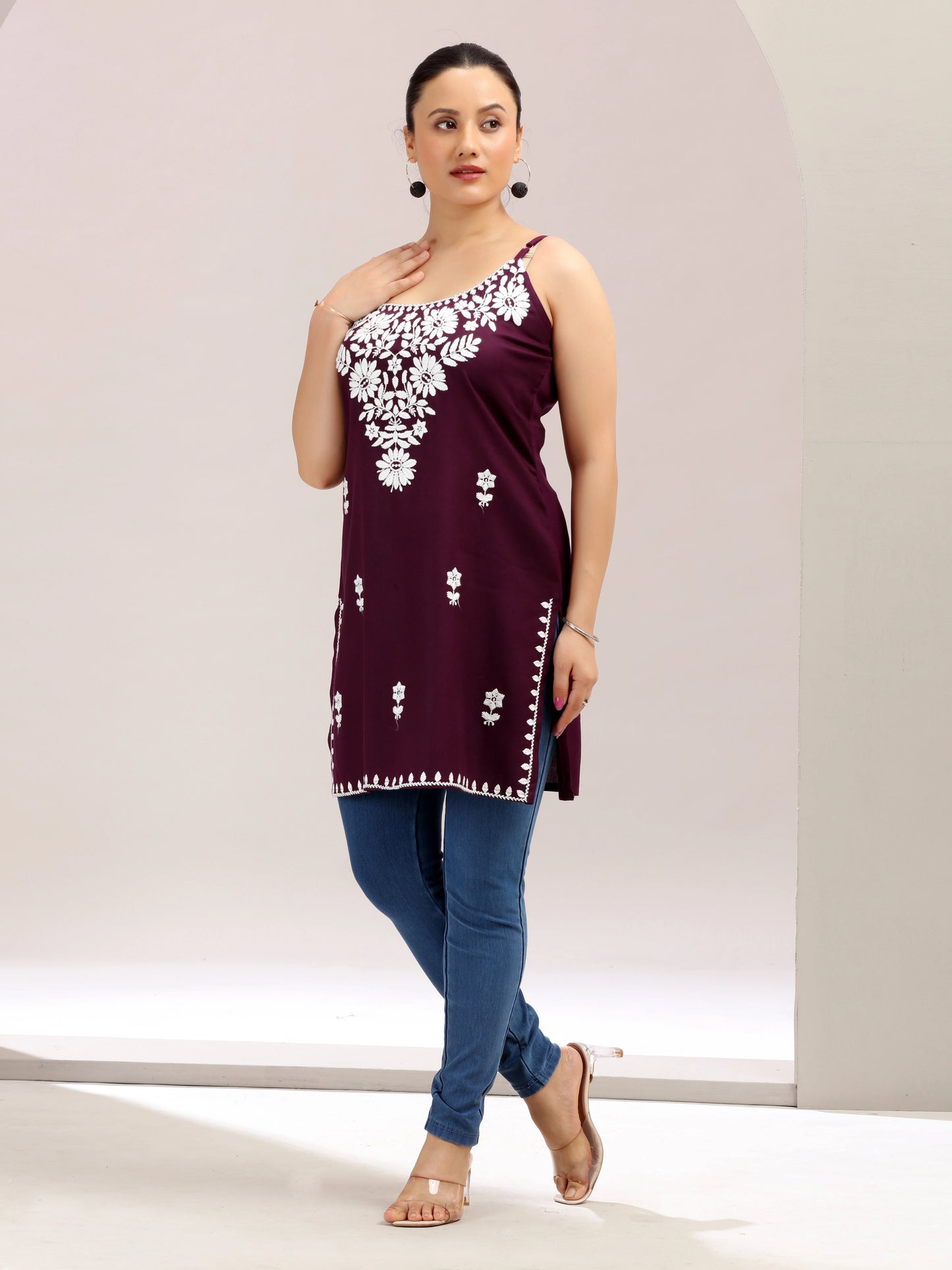 Purple Embroidered Straight Cotton Kurta