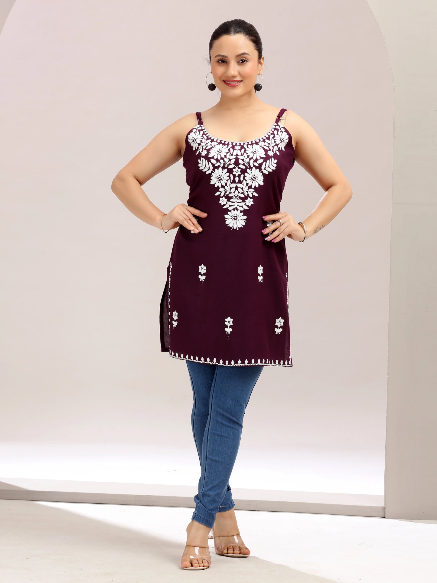 Purple Embroidered Straight Cotton Kurta