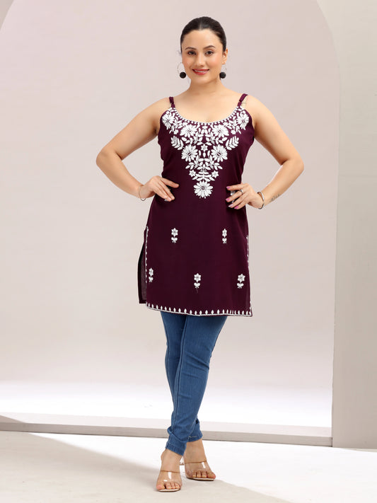 Purple Embroidered Straight Cotton Kurta