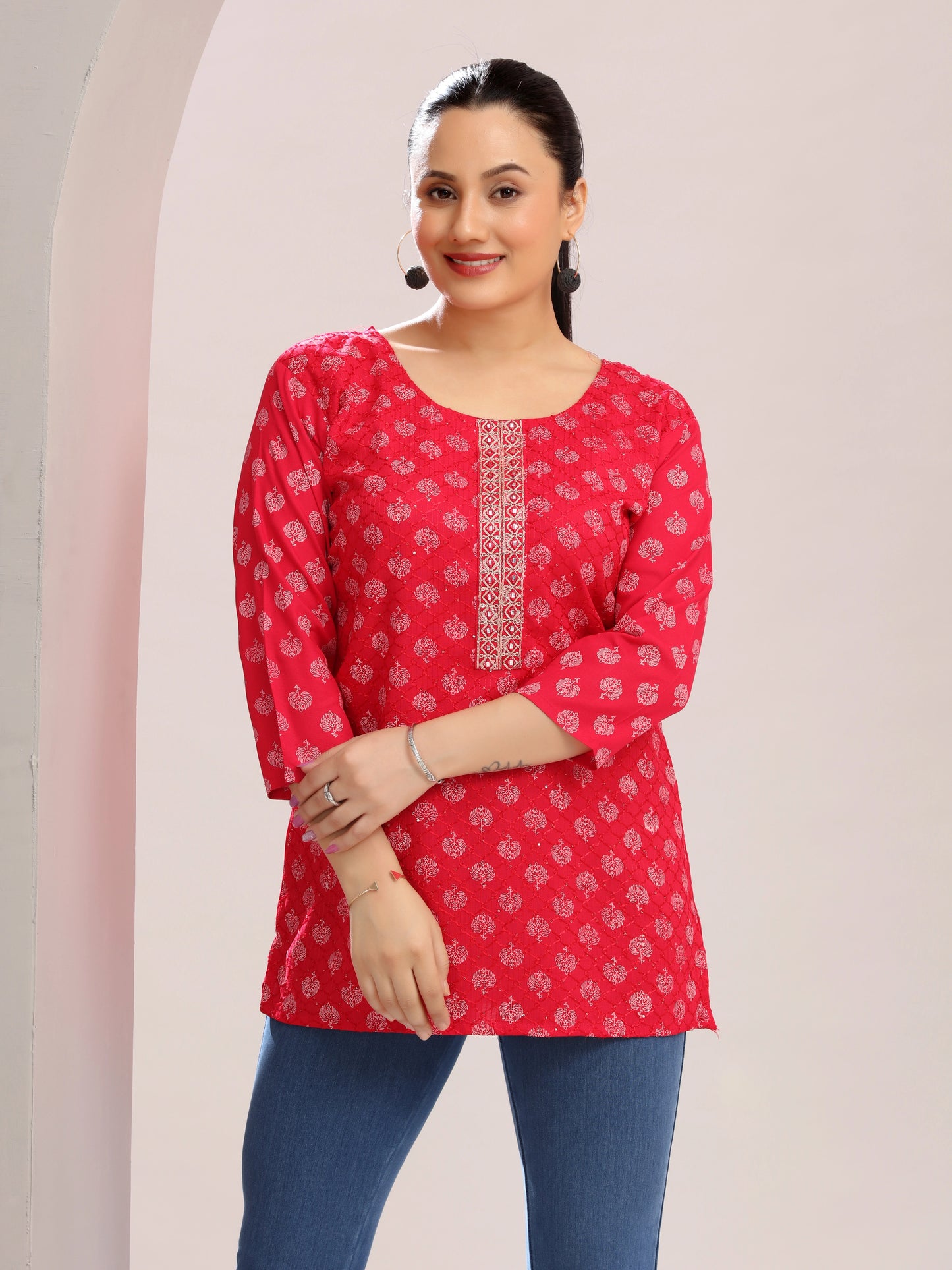 Rani Red Embroidered Cotton Short Kurta