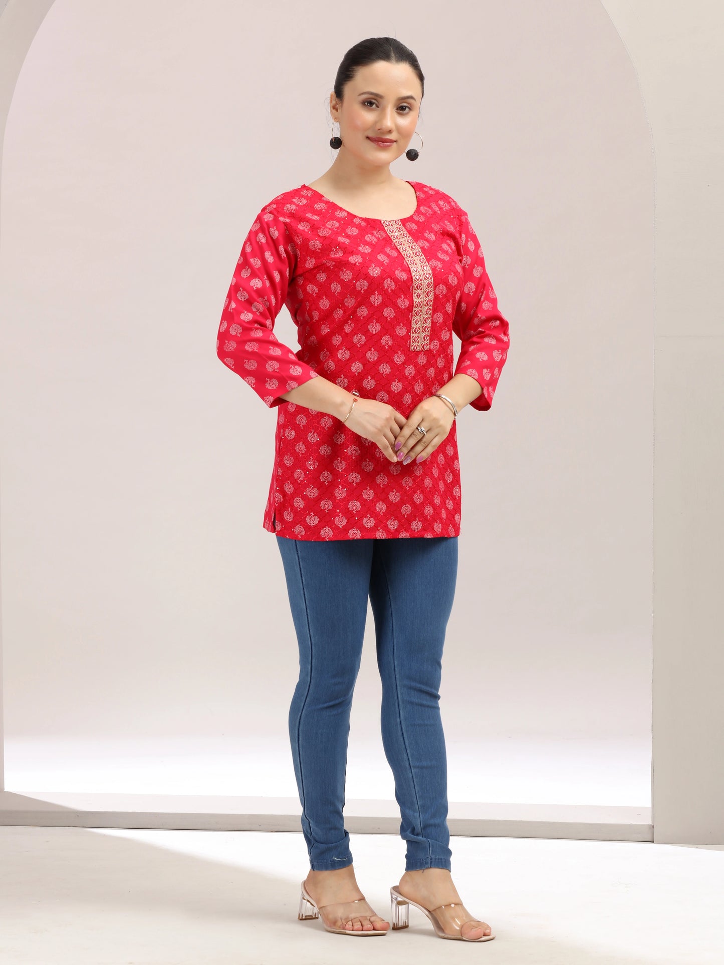 Rani Red Embroidered Cotton Short Kurta