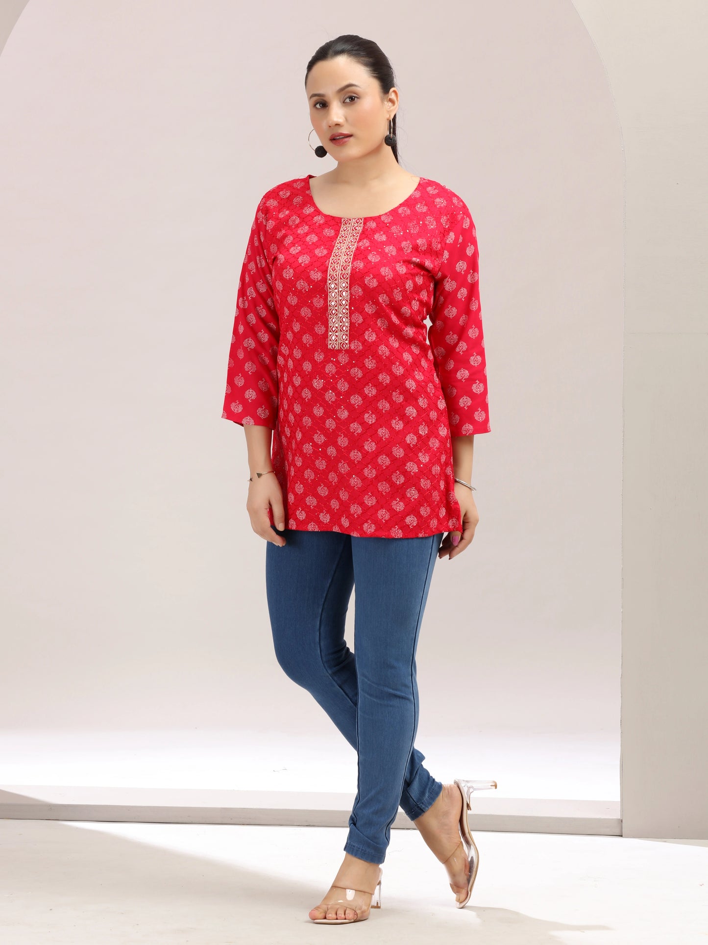 Rani Red Embroidered Cotton Short Kurta