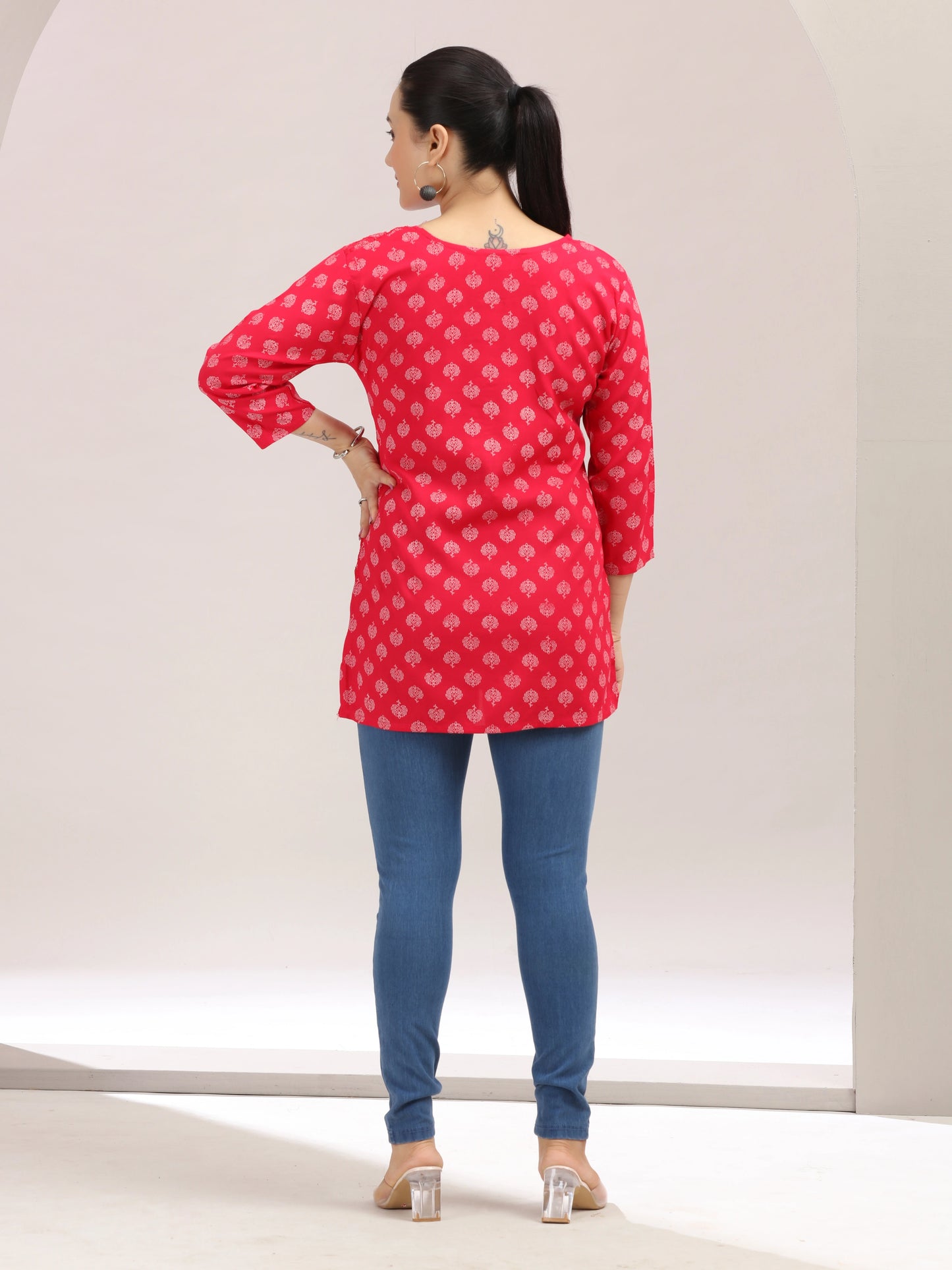 Rani Red Embroidered Cotton Short Kurta