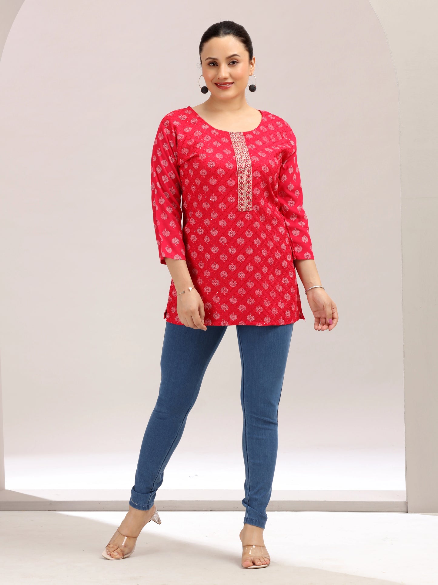 Rani Red Embroidered Cotton Short Kurta