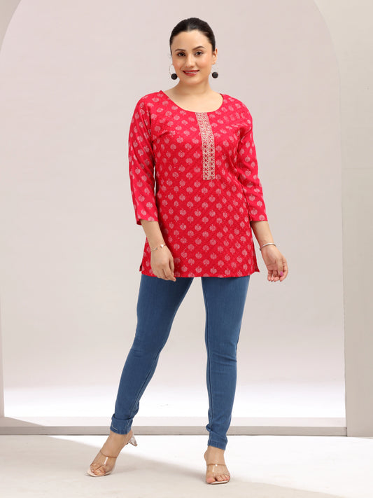 Rani Red Embroidered Cotton Short Kurta