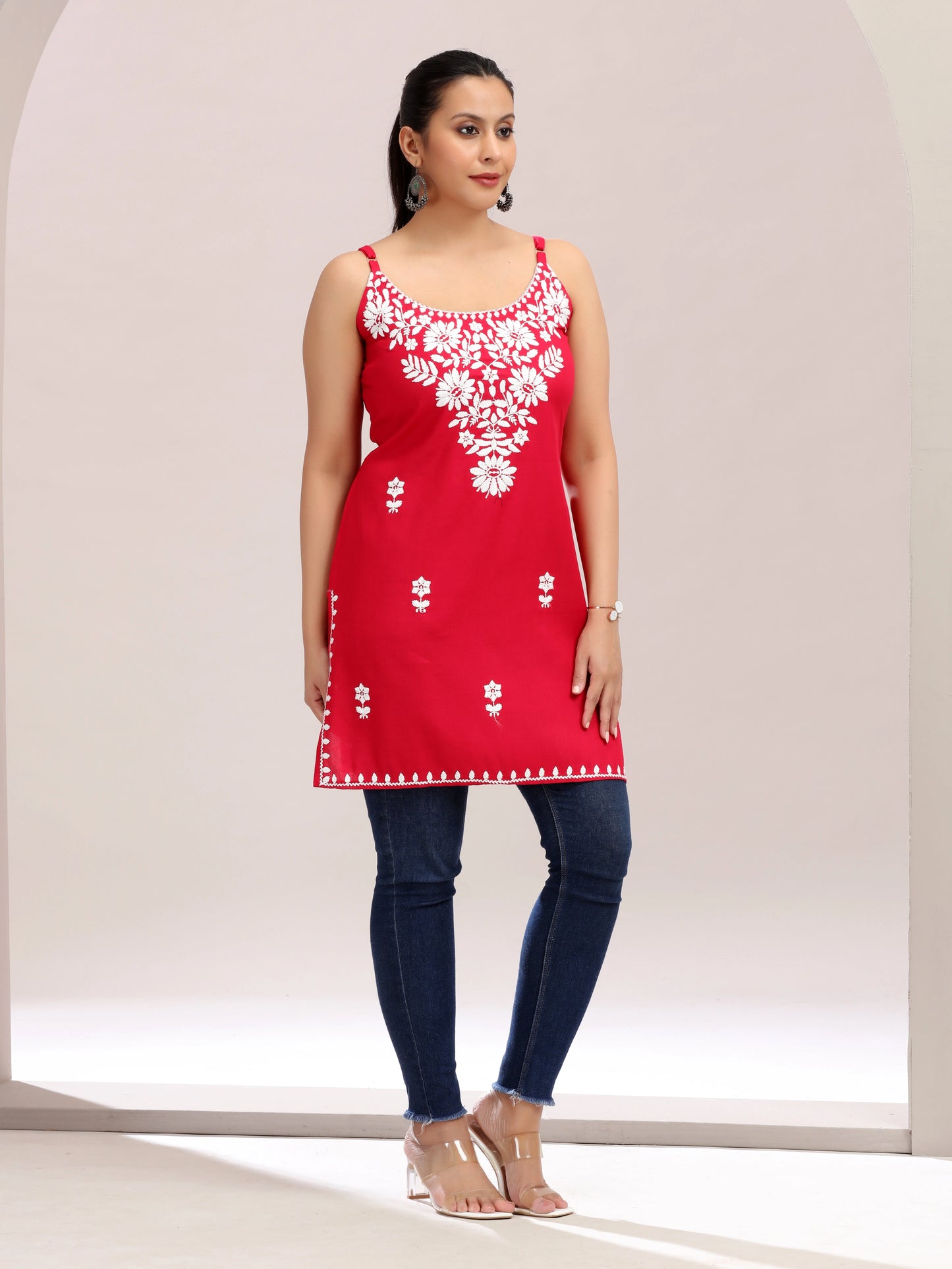 Red Embroidered Straight Cotton Kurta