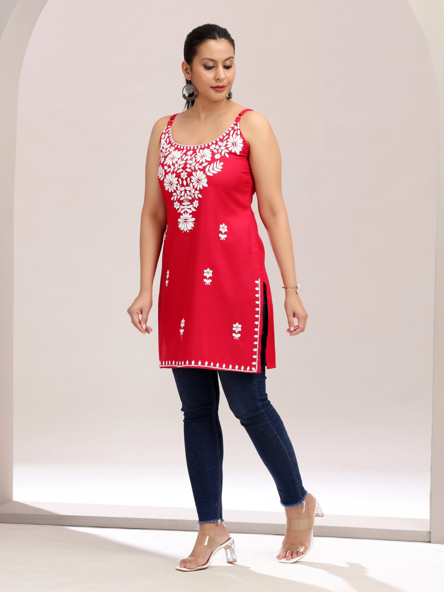 Red Embroidered Straight Cotton Kurta