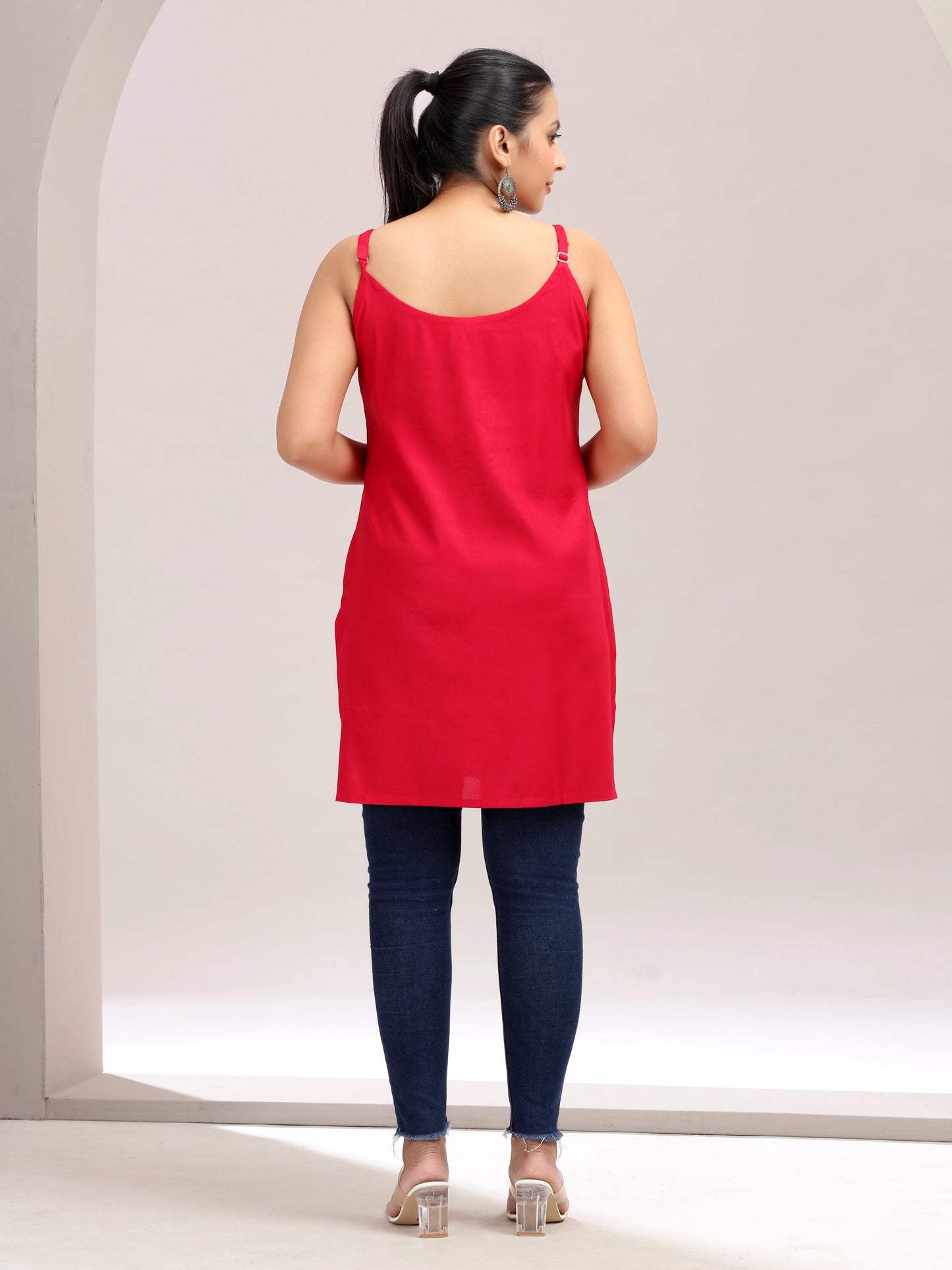 Red Embroidered Straight Cotton Kurta