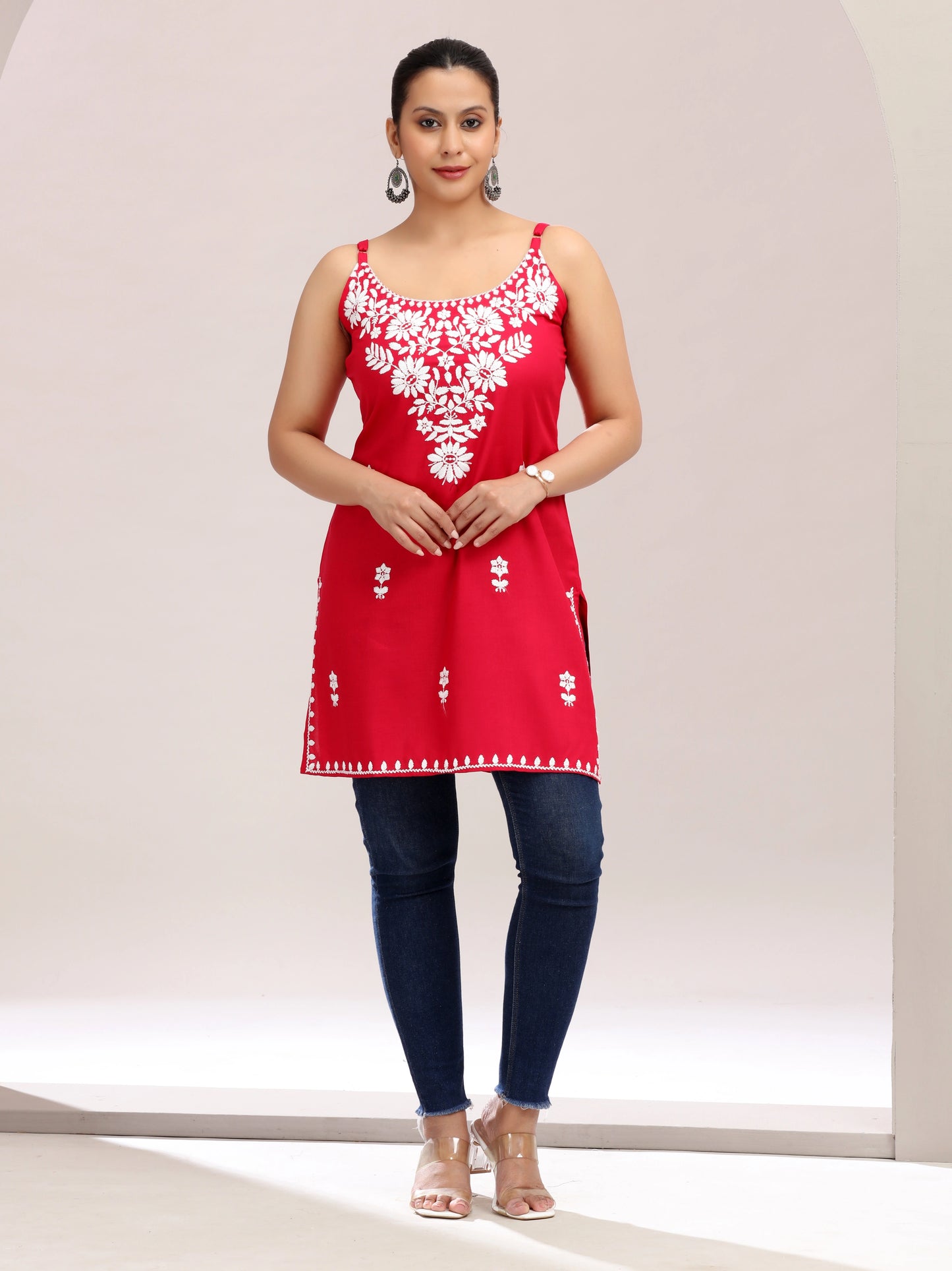 Red Embroidered Straight Cotton Kurta