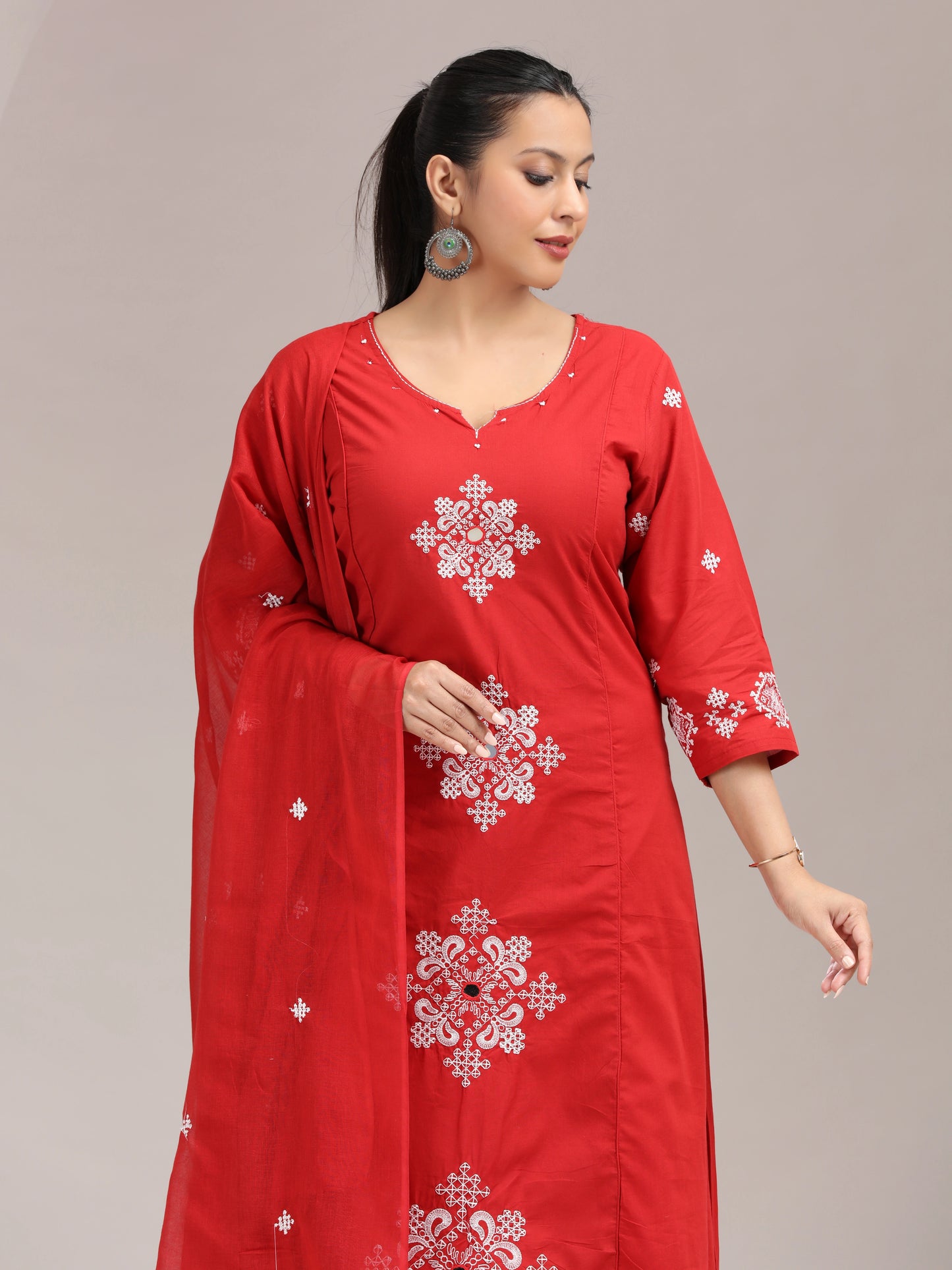Red Flared Embroidered A Line Ethnic Set