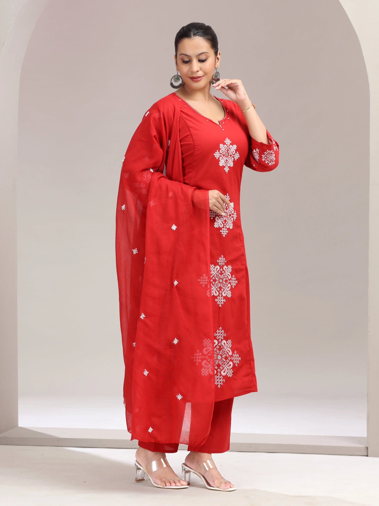 Red Flared Embroidered A Line Ethnic Set
