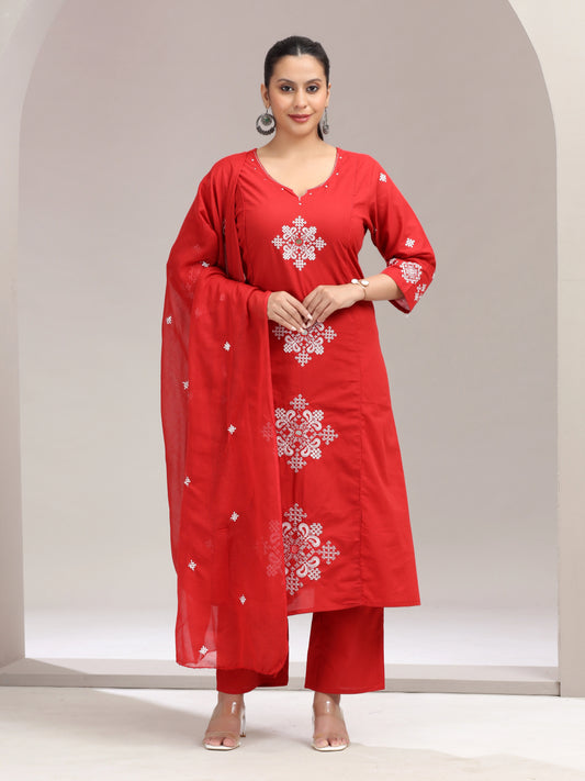 Red Flared Embroidered A Line Ethnic Set