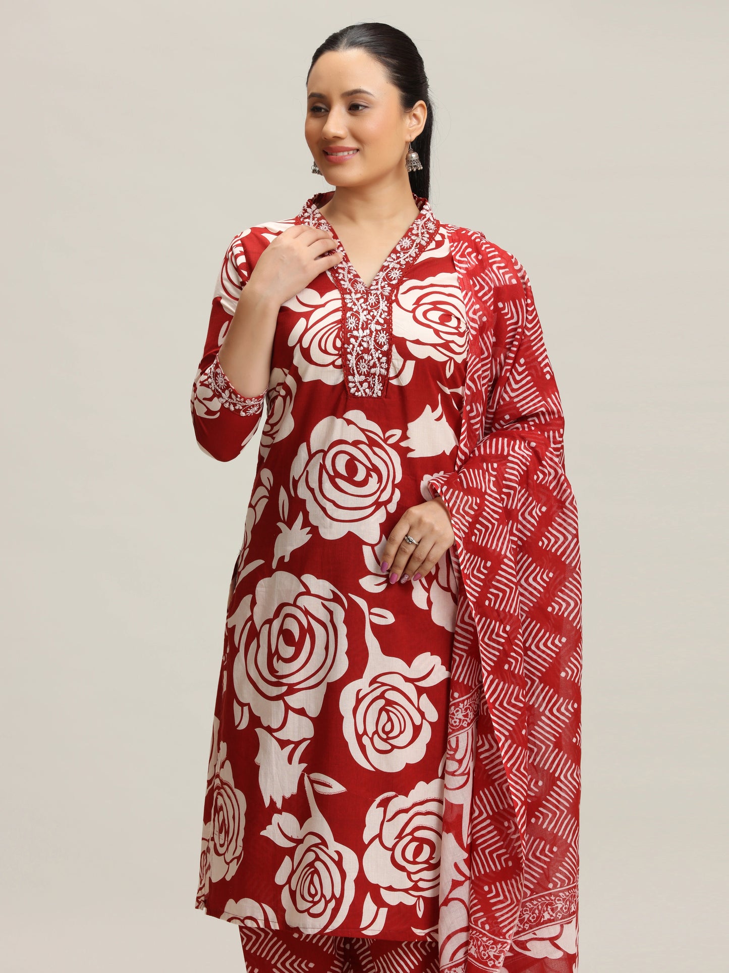 Red Floral Embroidered Straight Ethnic Set
