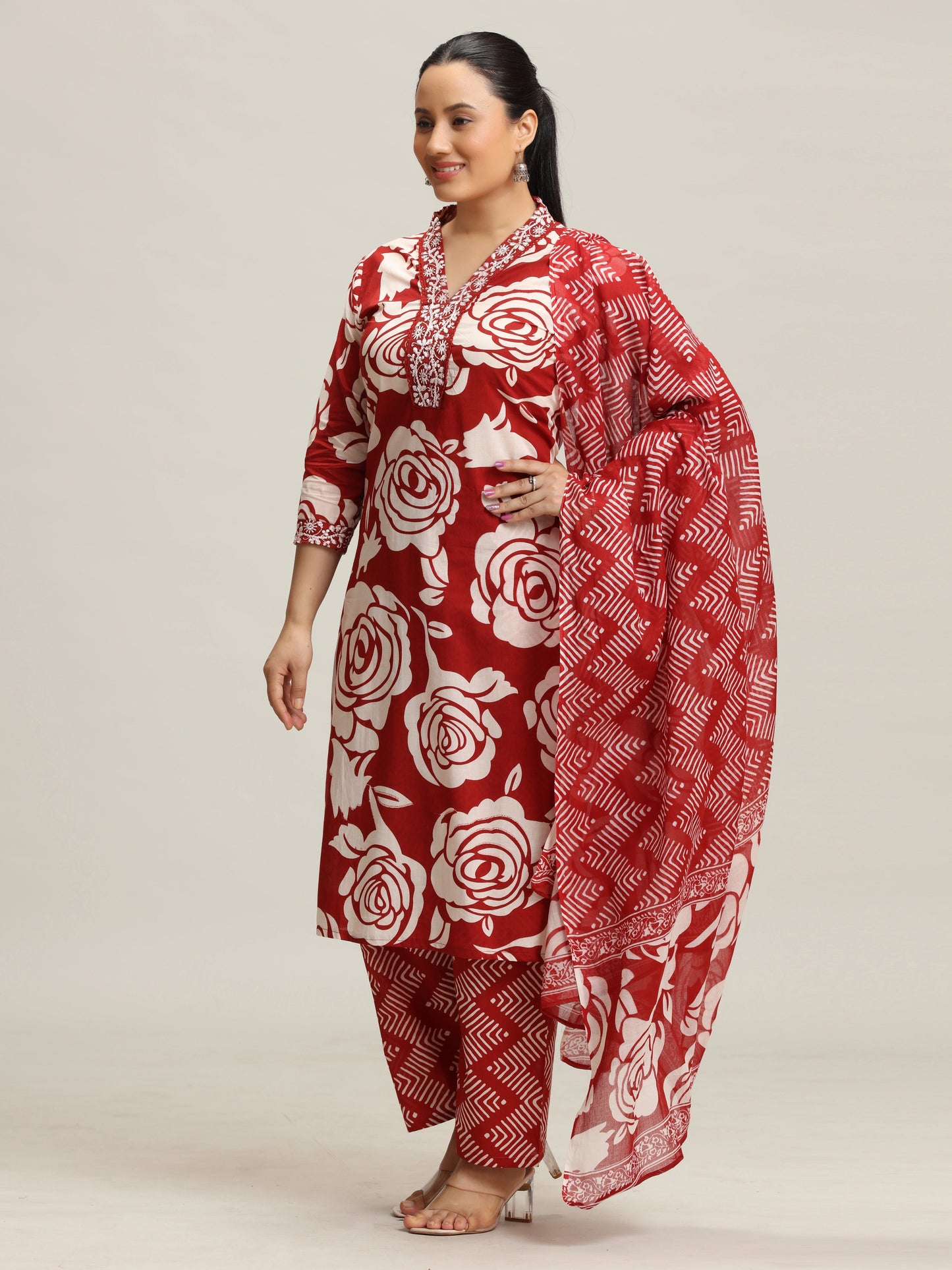 Red Floral Embroidered Straight Ethnic Set