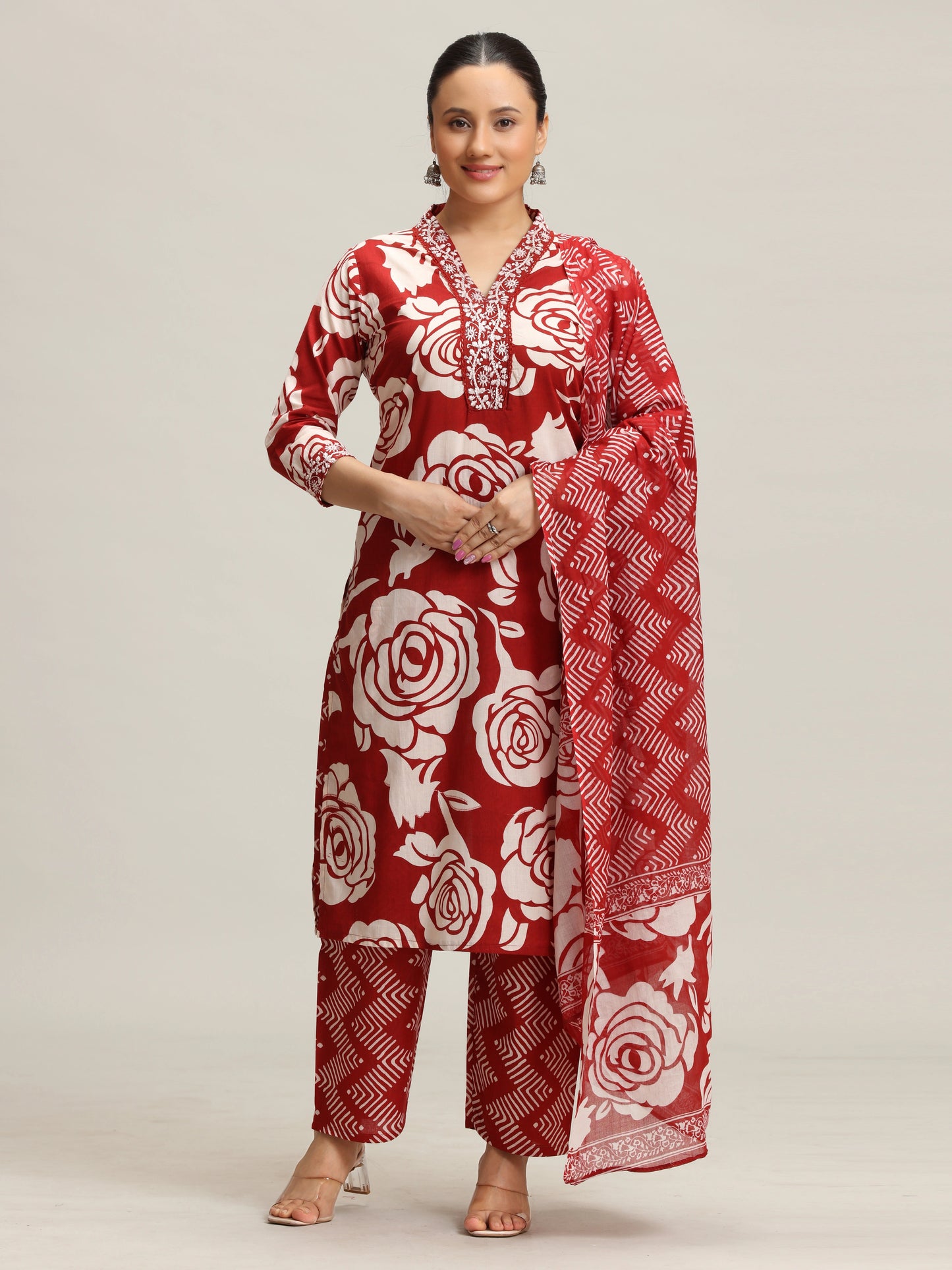 Red Floral Embroidered Straight Ethnic Set