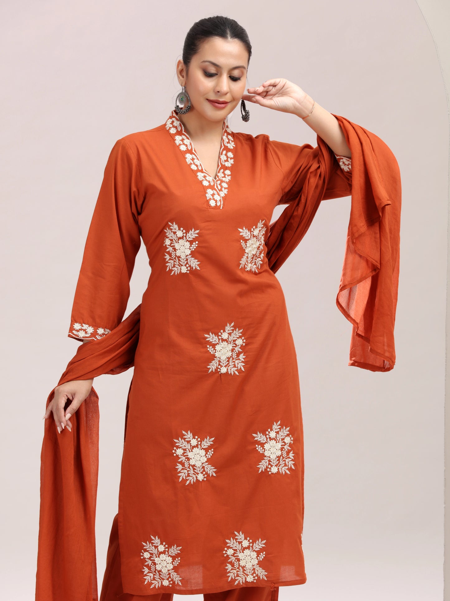Rust Orange Embroidered Straight Ethnic Set