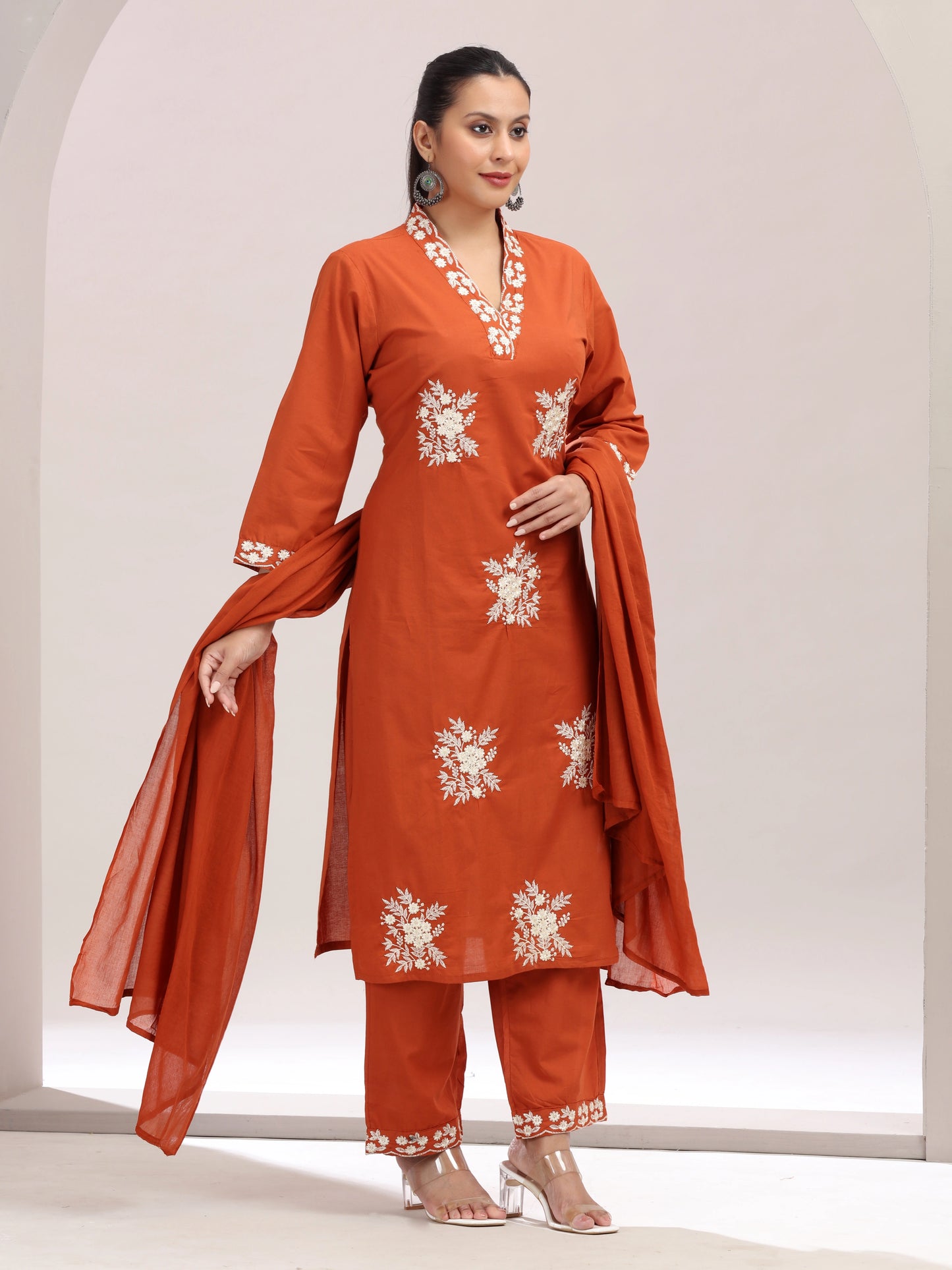 Rust Orange Embroidered Straight Ethnic Set